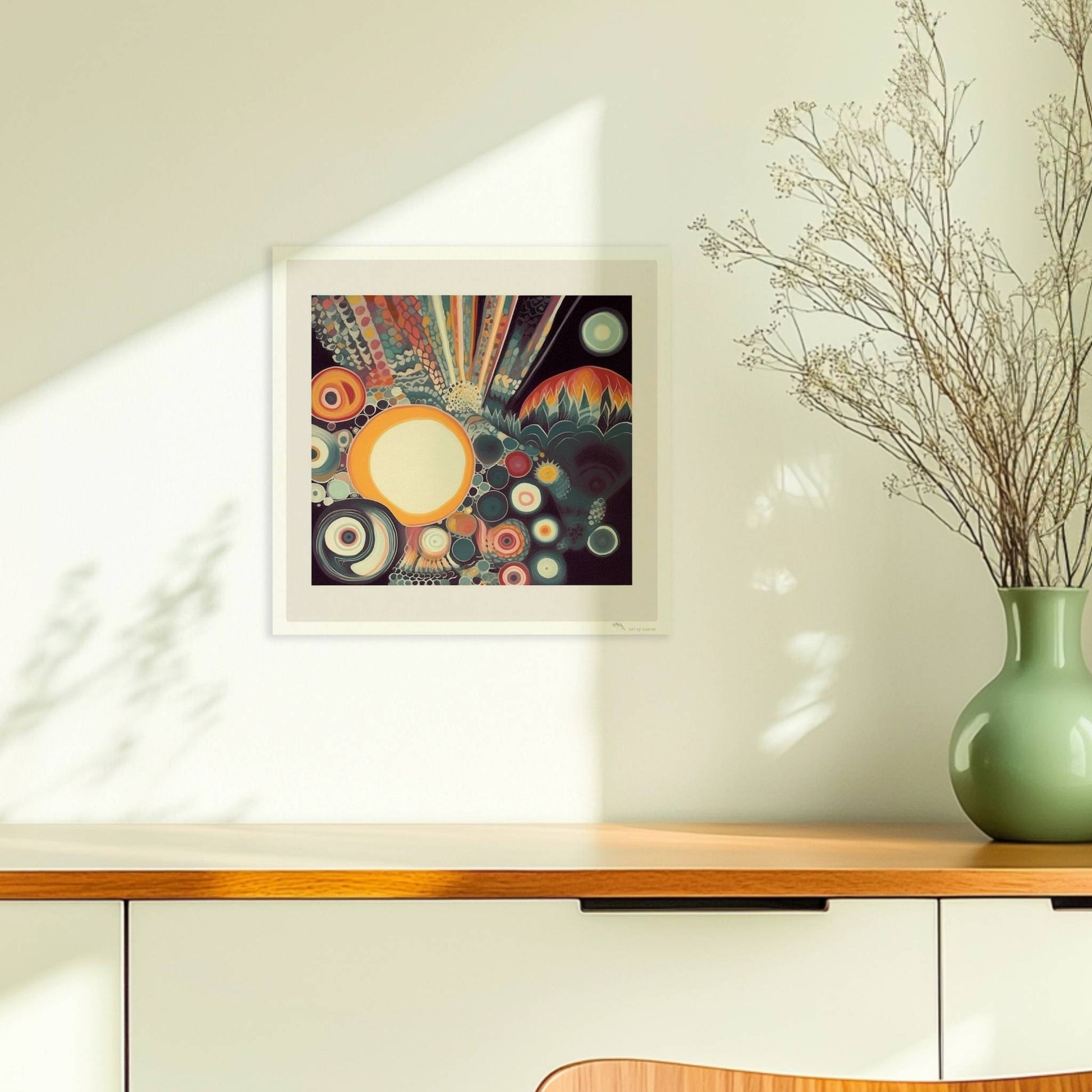 Abstrakte Komposition mit großen und kleinen Kreisen, floralen Elementen und zarten Linien auf dunklem Hintergrund.. Ohne Rahmen 30x30