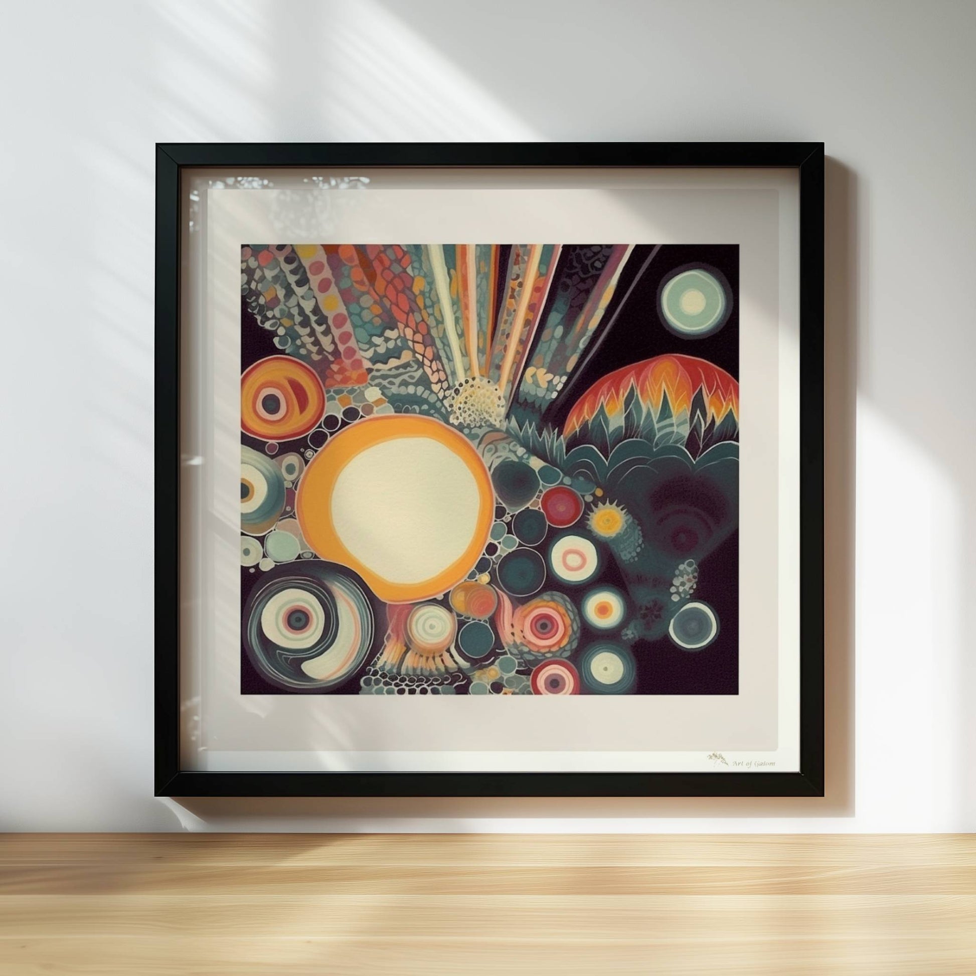 Abstrakte Komposition mit großen und kleinen Kreisen, floralen Elementen und zarten Linien auf dunklem Hintergrund.. Rahmen schwarz 30x30