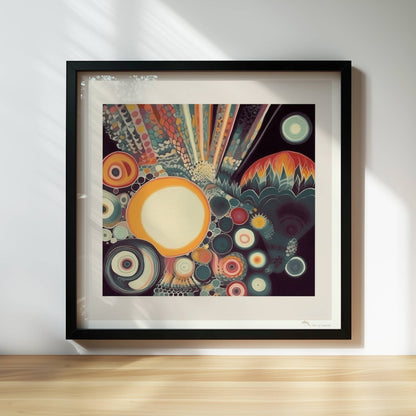 Abstrakte Komposition mit großen und kleinen Kreisen, floralen Elementen und zarten Linien auf dunklem Hintergrund.. Rahmen schwarz 30x30