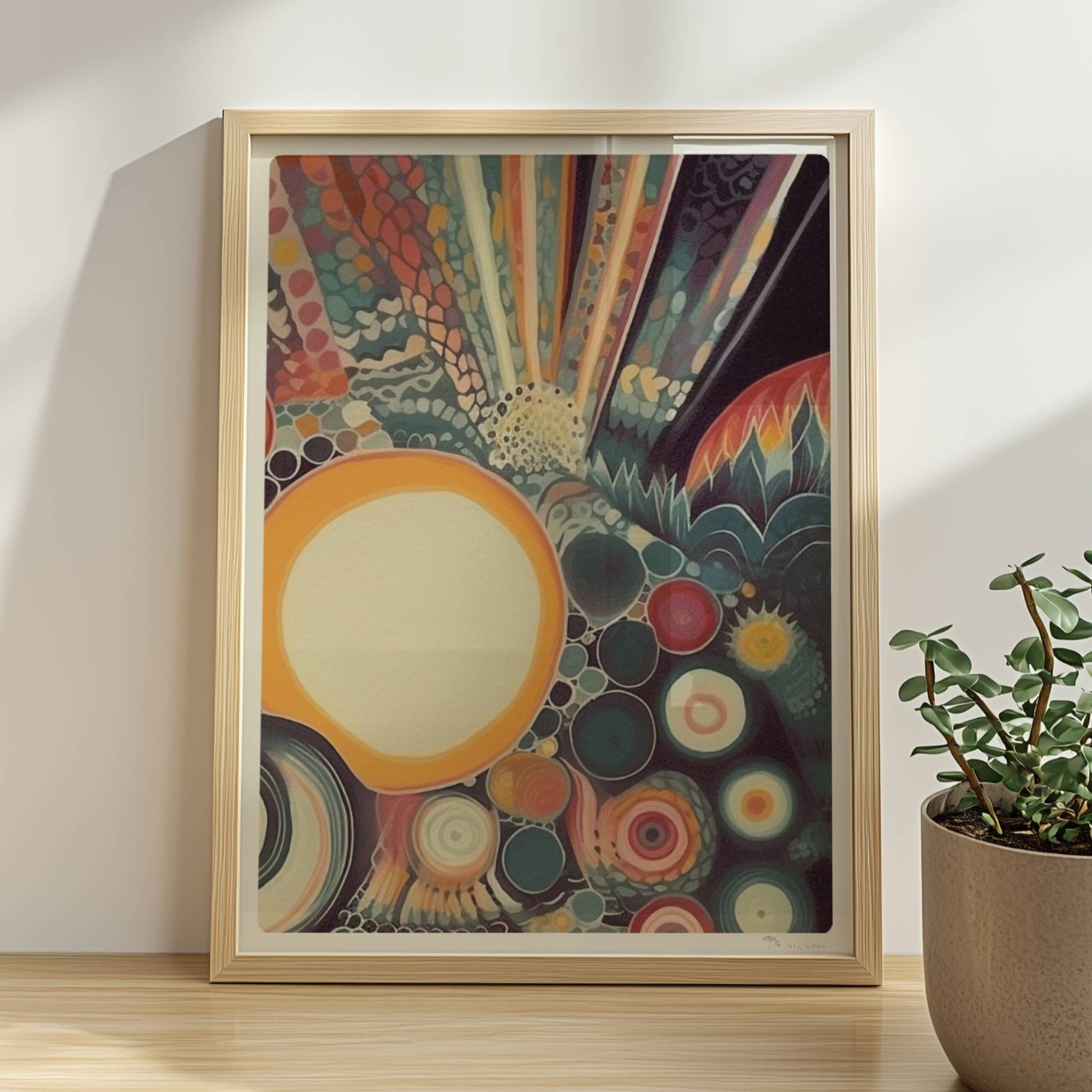 Abstrakte Komposition mit großen und kleinen Kreisen, floralen Elementen und zarten Linien auf dunklem Hintergrund.. Rahmen natur 30x40