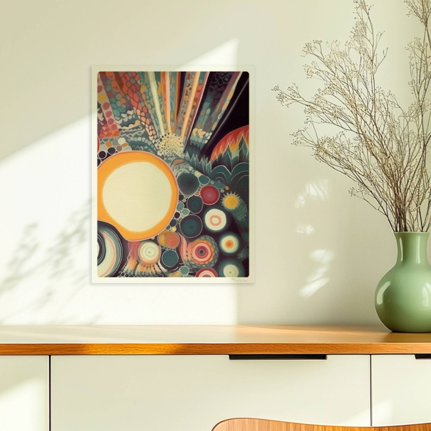 Abstrakte Komposition mit großen und kleinen Kreisen, floralen Elementen und zarten Linien auf dunklem Hintergrund.. Ohne Rahmen 30x40