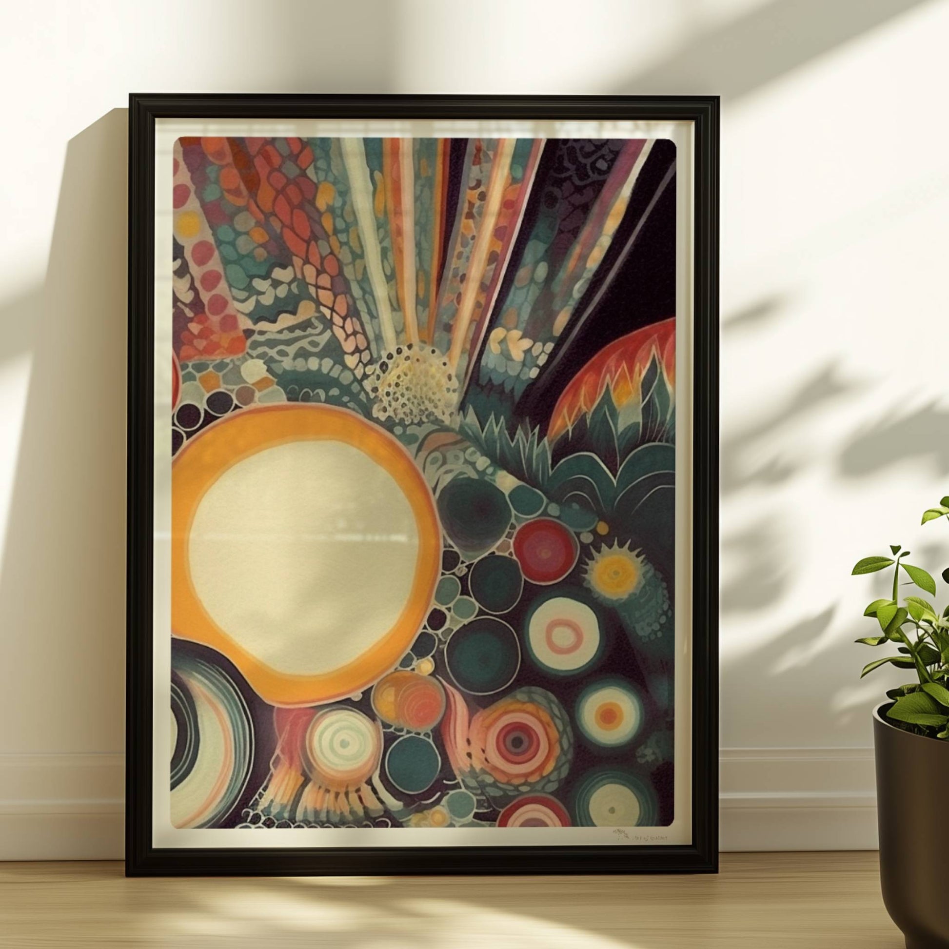 Abstrakte Komposition mit großen und kleinen Kreisen, floralen Elementen und zarten Linien auf dunklem Hintergrund.. Rahmen schwarz 30x40
