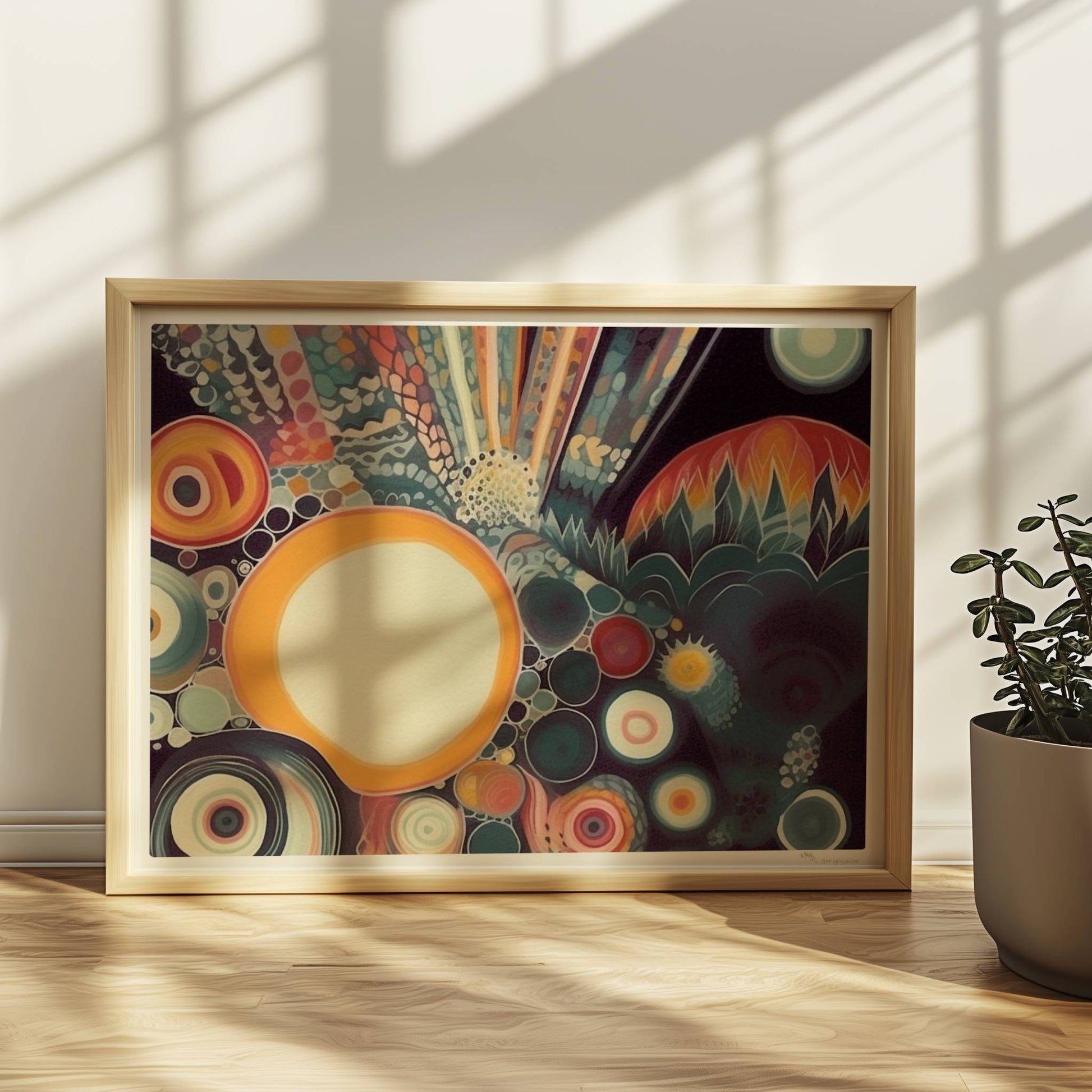 Abstrakte Komposition mit großen und kleinen Kreisen, floralen Elementen und zarten Linien auf dunklem Hintergrund.. Rahmen natur 40x30