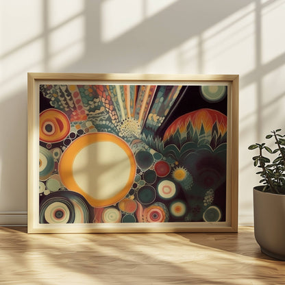 Abstrakte Komposition mit großen und kleinen Kreisen, floralen Elementen und zarten Linien auf dunklem Hintergrund.. Rahmen natur 40x30