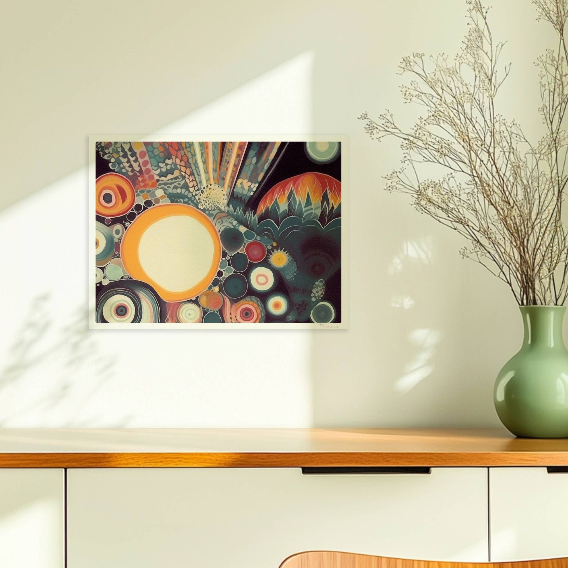 Abstrakte Komposition mit großen und kleinen Kreisen, floralen Elementen und zarten Linien auf dunklem Hintergrund.. Ohne Rahmen 40x30