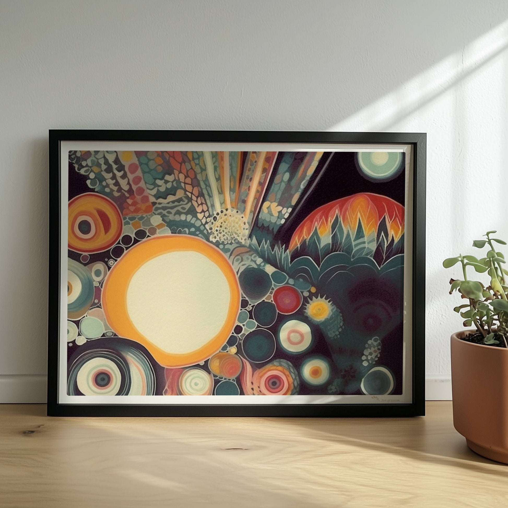 Abstrakte Komposition mit großen und kleinen Kreisen, floralen Elementen und zarten Linien auf dunklem Hintergrund.. Rahmen schwarz 40x30