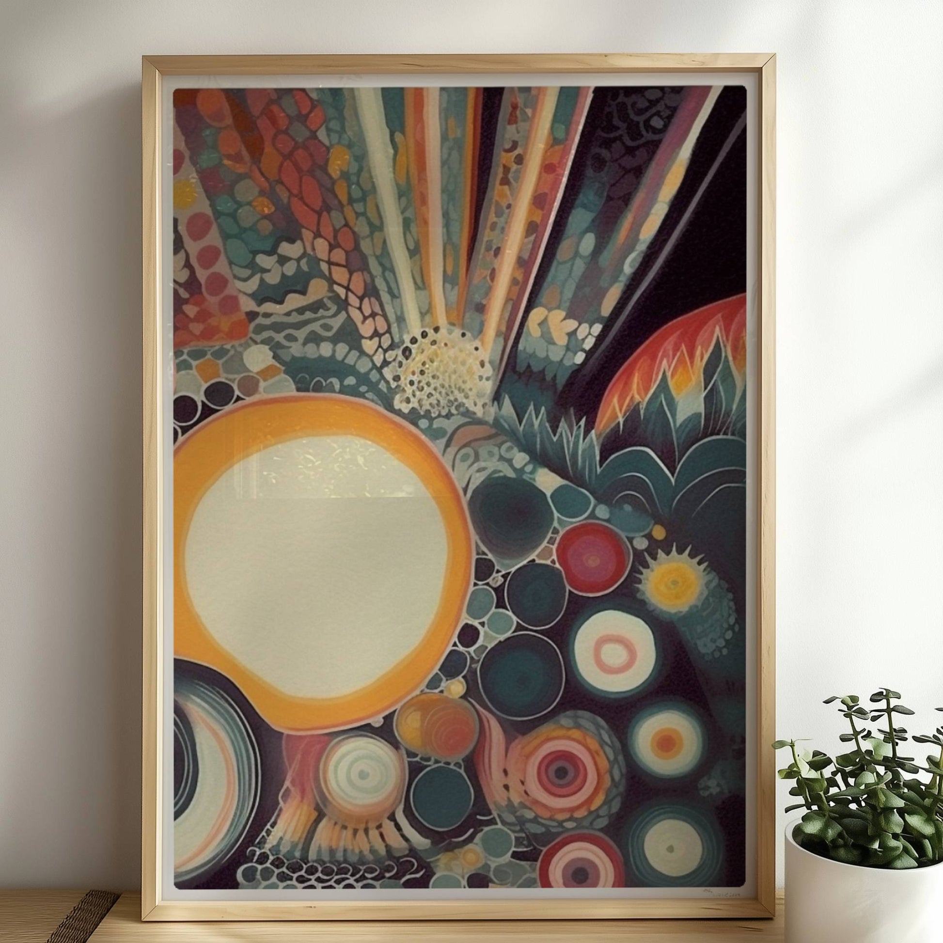 Abstrakte Komposition mit großen und kleinen Kreisen, floralen Elementen und zarten Linien auf dunklem Hintergrund.. Rahmen natur 50x70