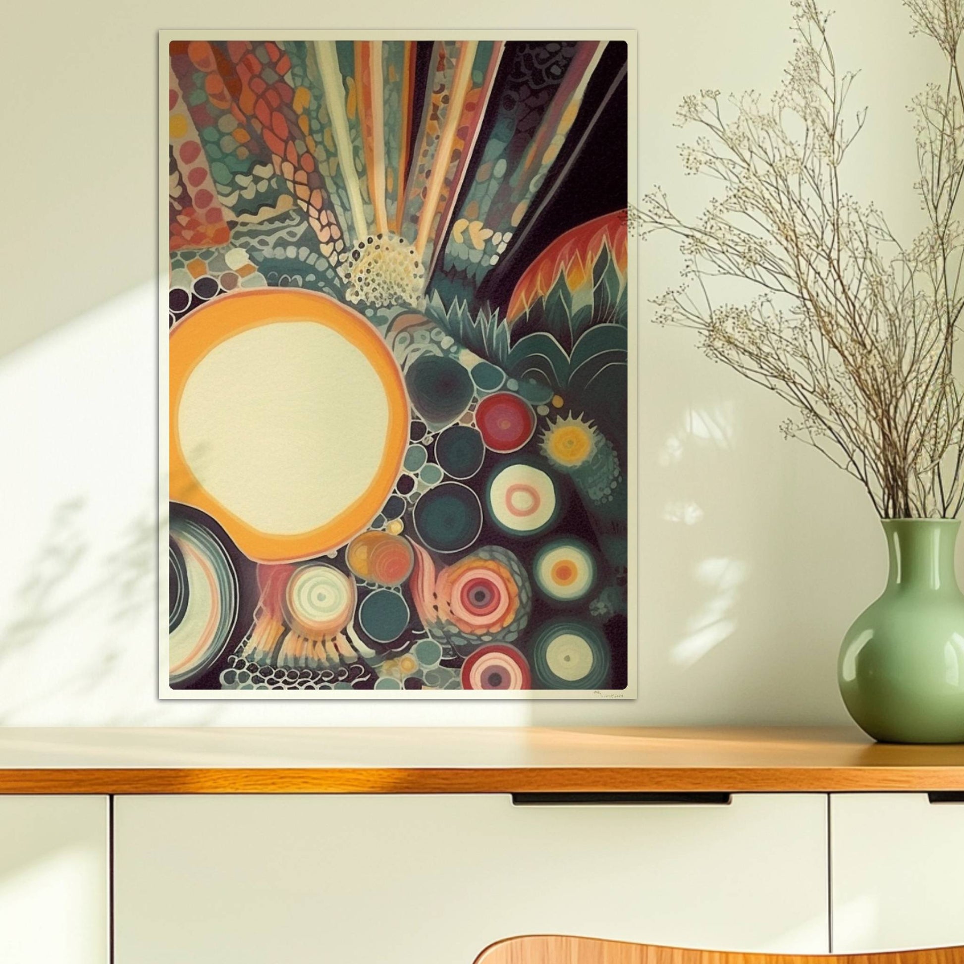Abstrakte Komposition mit großen und kleinen Kreisen, floralen Elementen und zarten Linien auf dunklem Hintergrund.. Ohne Rahmen 50x70