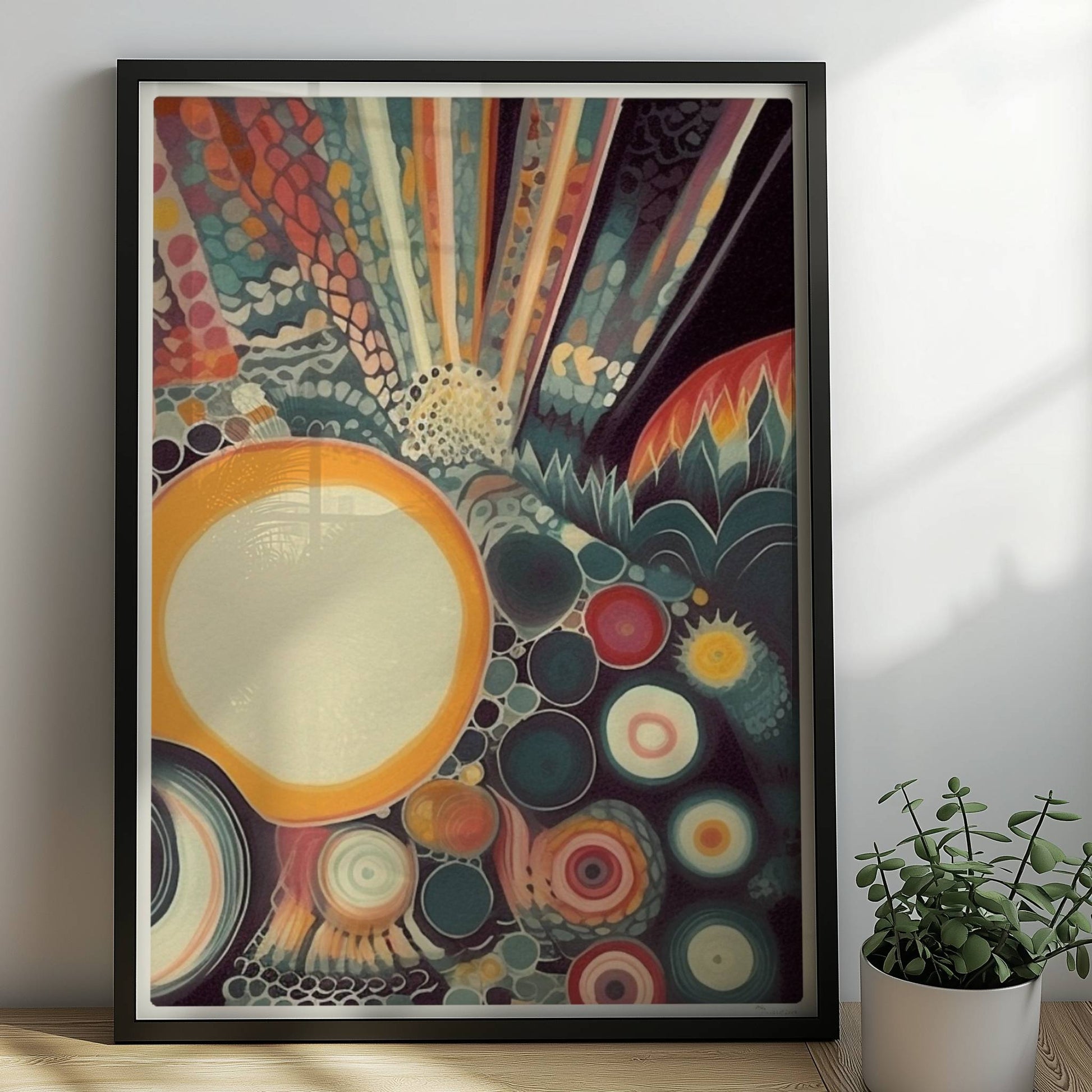 Abstrakte Komposition mit großen und kleinen Kreisen, floralen Elementen und zarten Linien auf dunklem Hintergrund.. Rahmen schwarz 50x70