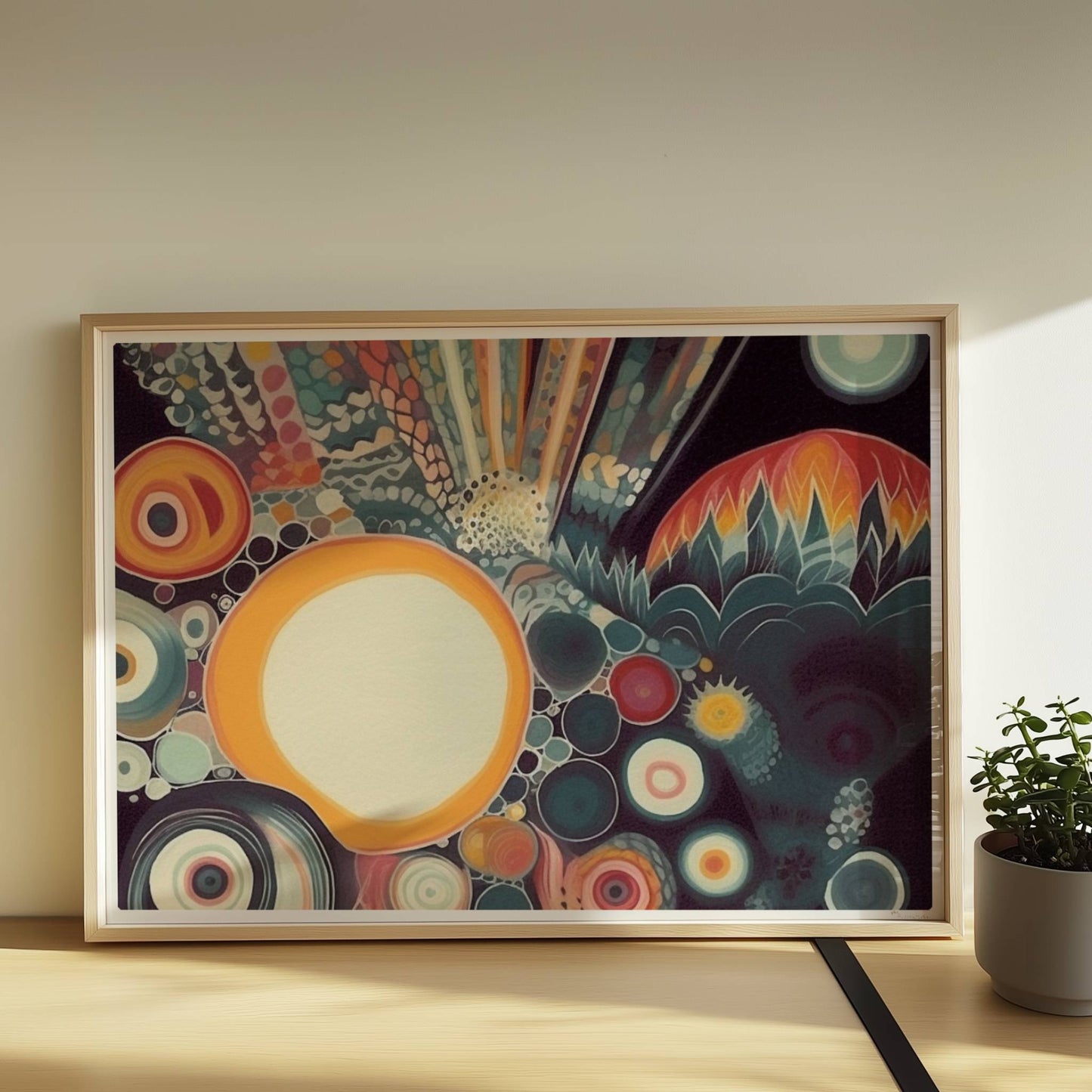 Abstrakte Komposition mit großen und kleinen Kreisen, floralen Elementen und zarten Linien auf dunklem Hintergrund.. Rahmen natur 70x50