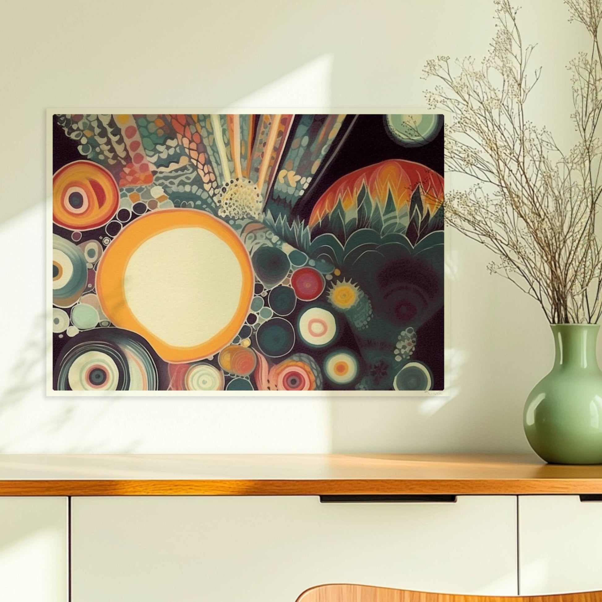 Abstrakte Komposition mit großen und kleinen Kreisen, floralen Elementen und zarten Linien auf dunklem Hintergrund.. Ohne Rahmen 70x50