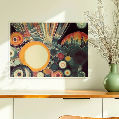 Abstrakte Komposition mit großen und kleinen Kreisen, floralen Elementen und zarten Linien auf dunklem Hintergrund.. Ohne Rahmen 70x50