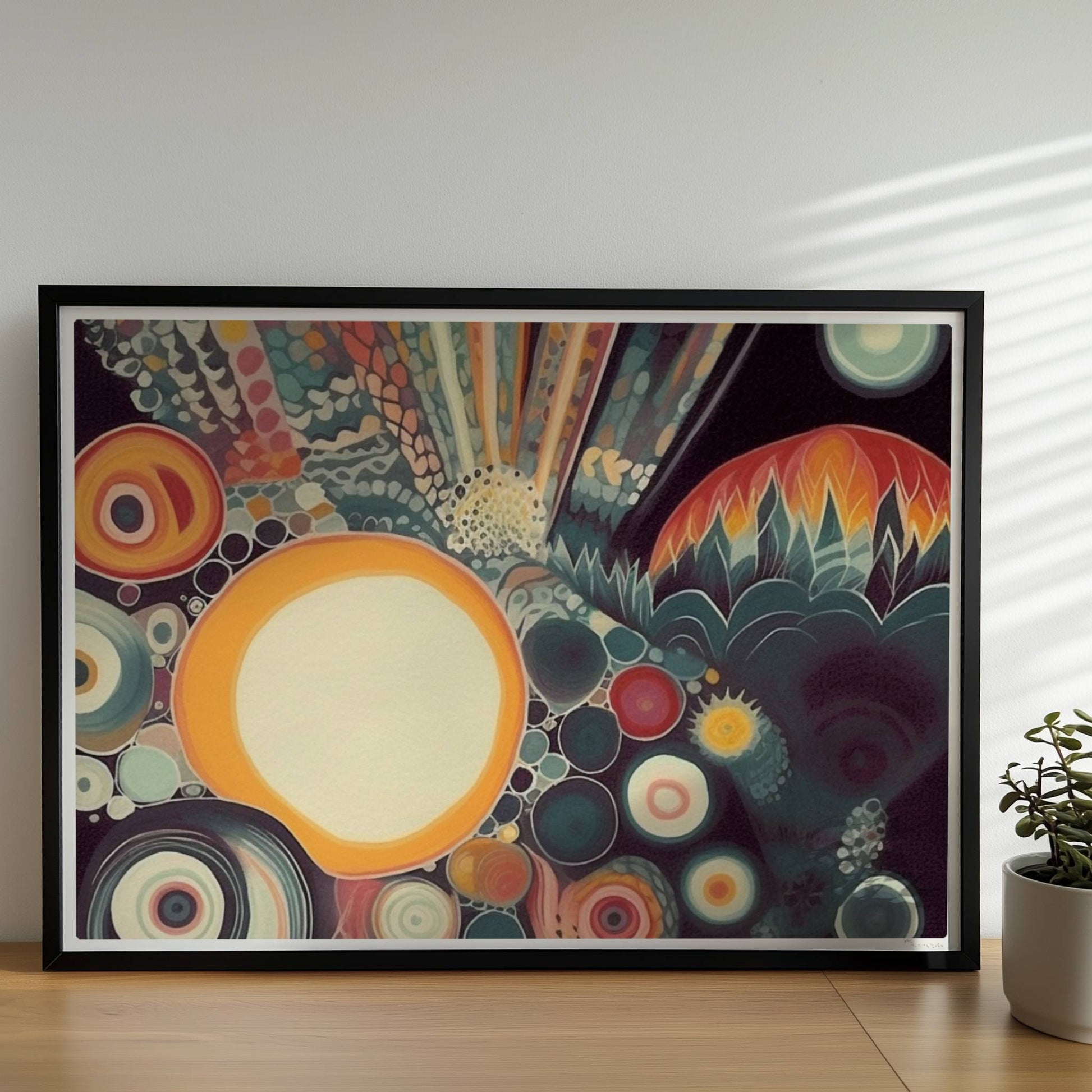 Abstrakte Komposition mit großen und kleinen Kreisen, floralen Elementen und zarten Linien auf dunklem Hintergrund.. Rahmen schwarz 70x50