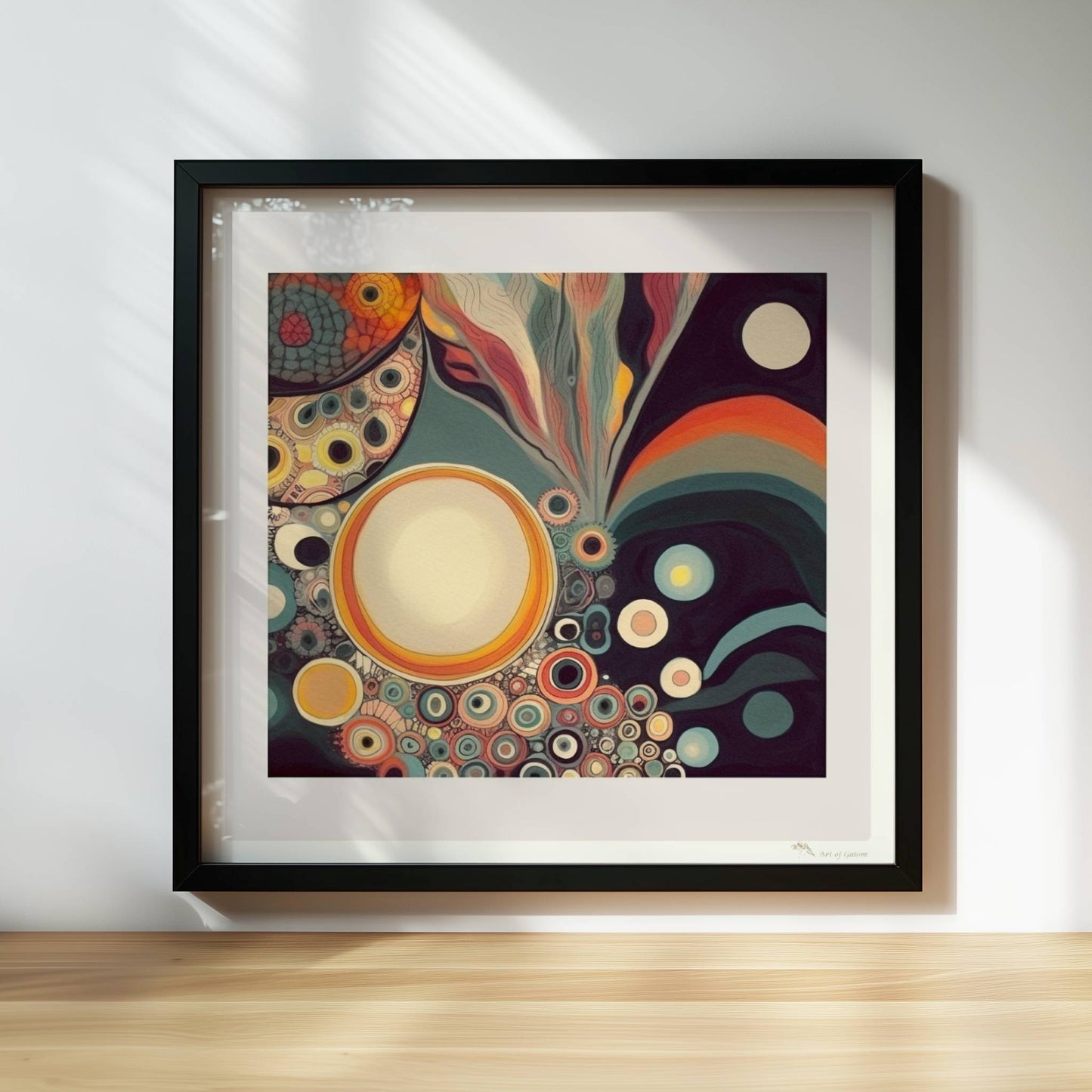 Abstrakte Kunst mit Kreisen, konzentrischen Mustern, wellenförmigen Linien und lebendigen Farben auf dunklem Hintergrund.. Rahmen schwarz 30x30