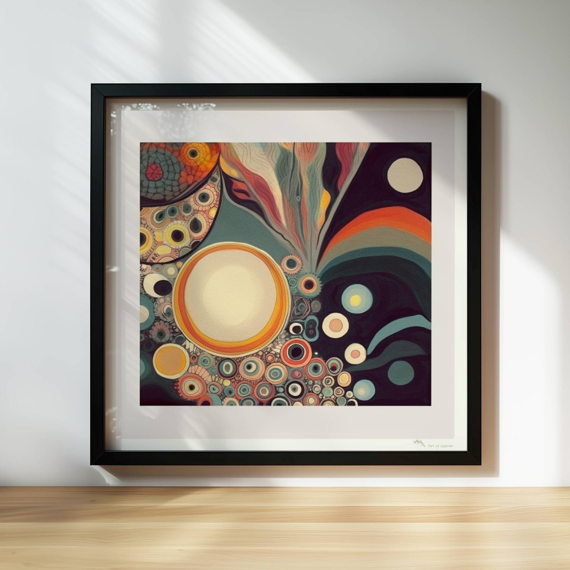 Abstrakte Kunst mit Kreisen, konzentrischen Mustern, wellenförmigen Linien und lebendigen Farben auf dunklem Hintergrund.. Rahmen schwarz 30x30
