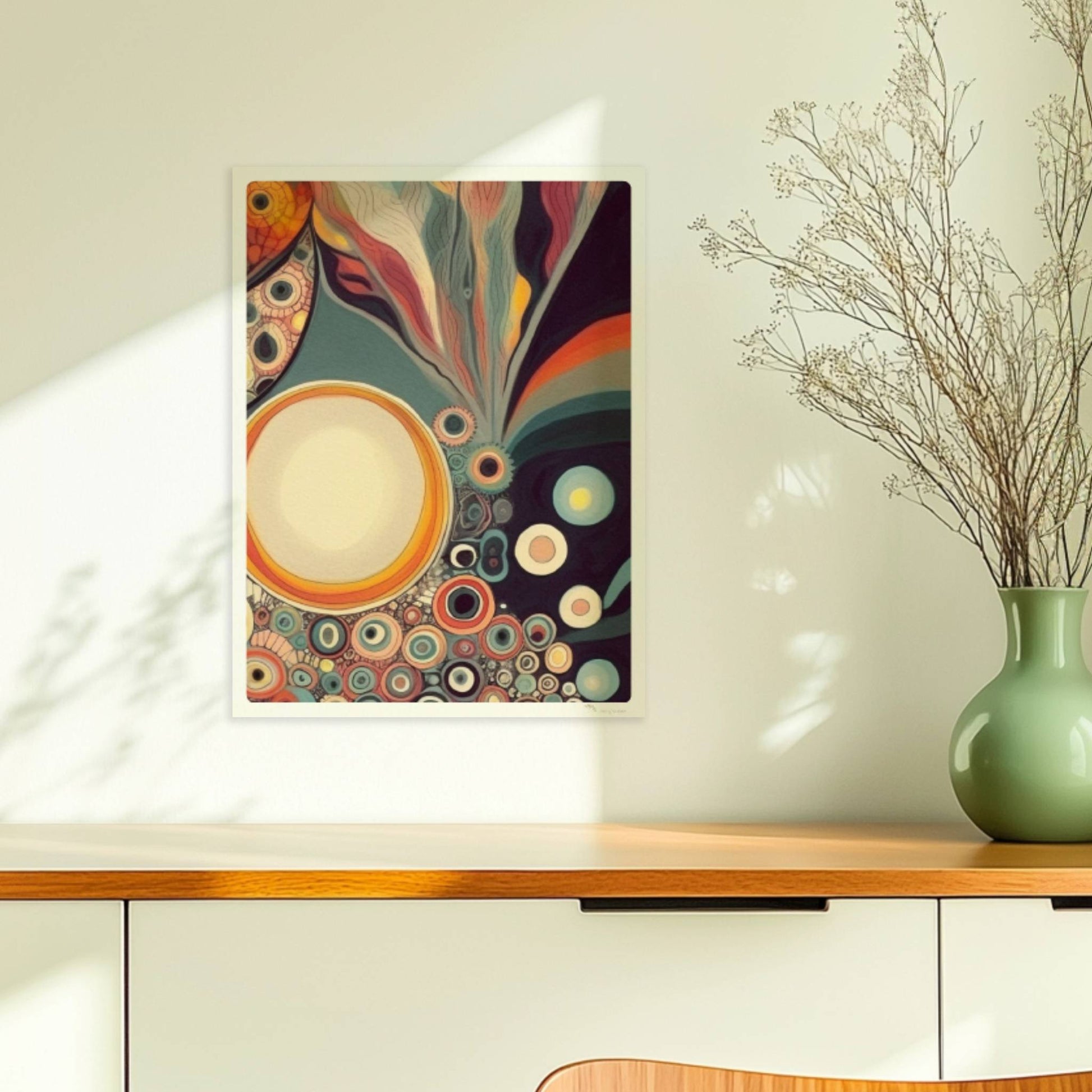 Abstrakte Kunst mit Kreisen, konzentrischen Mustern, wellenförmigen Linien und lebendigen Farben auf dunklem Hintergrund.. Ohne Rahmen 30x40