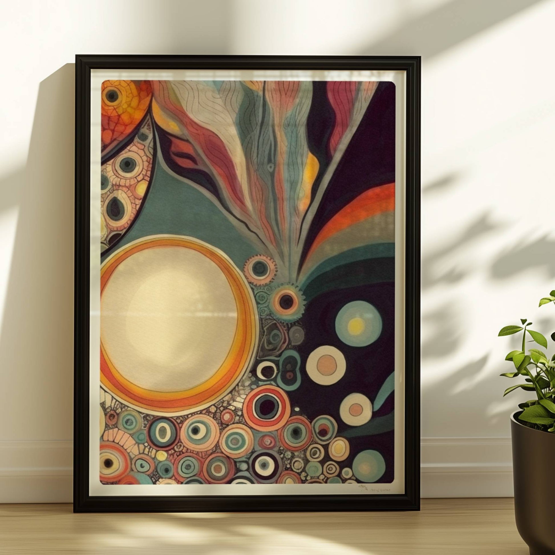 Abstrakte Kunst mit Kreisen, konzentrischen Mustern, wellenförmigen Linien und lebendigen Farben auf dunklem Hintergrund.. Rahmen schwarz 30x40