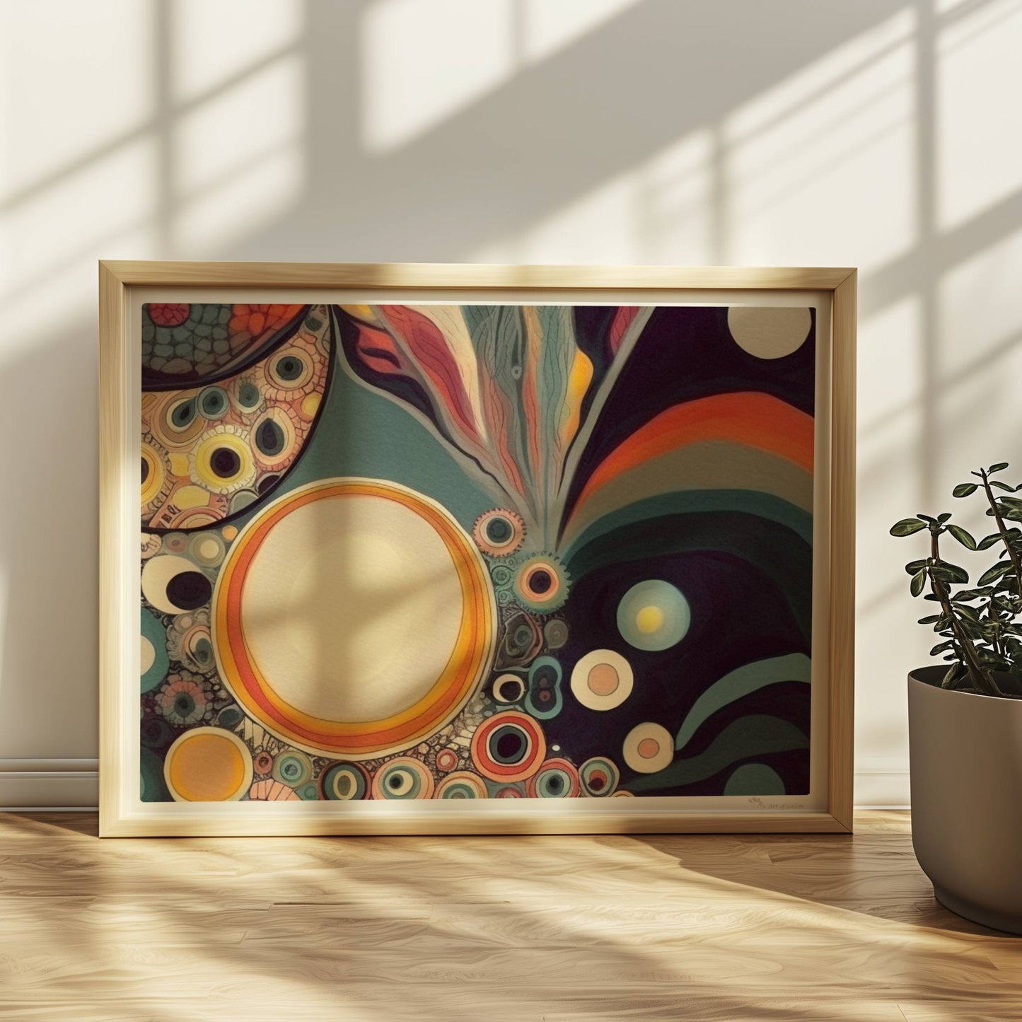 Abstrakte Kunst mit Kreisen, konzentrischen Mustern, wellenförmigen Linien und lebendigen Farben auf dunklem Hintergrund.. Rahmen natur 40x30
