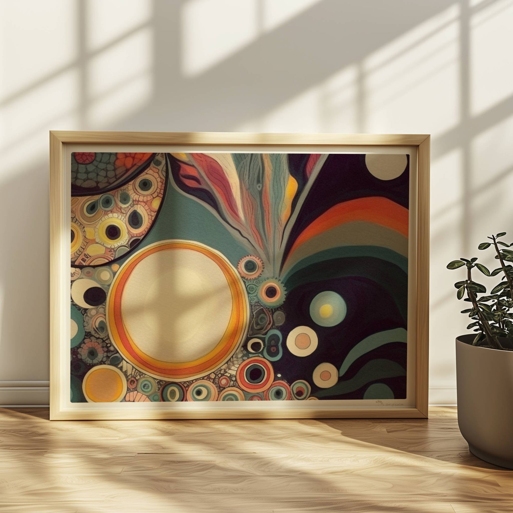 Abstrakte Kunst mit Kreisen, konzentrischen Mustern, wellenförmigen Linien und lebendigen Farben auf dunklem Hintergrund.. Rahmen natur 40x30