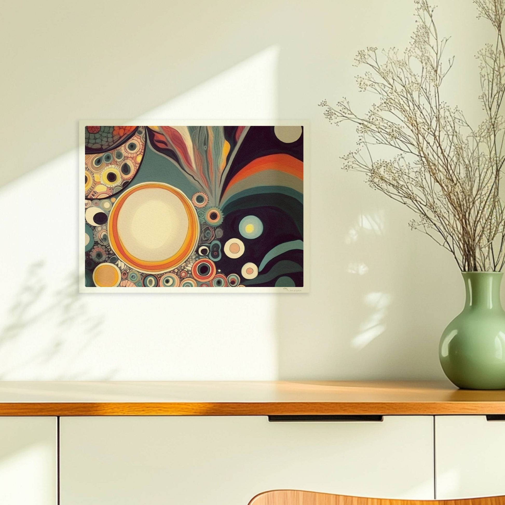 Abstrakte Kunst mit Kreisen, konzentrischen Mustern, wellenförmigen Linien und lebendigen Farben auf dunklem Hintergrund.. Ohne Rahmen 40x30