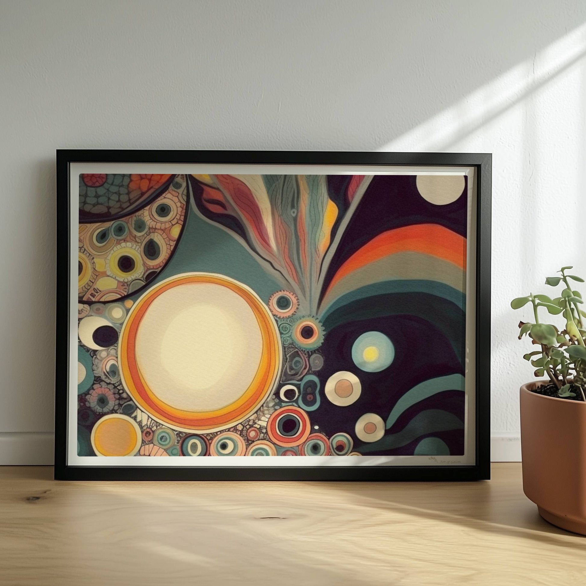 Abstrakte Kunst mit Kreisen, konzentrischen Mustern, wellenförmigen Linien und lebendigen Farben auf dunklem Hintergrund.. Rahmen schwarz 40x30
