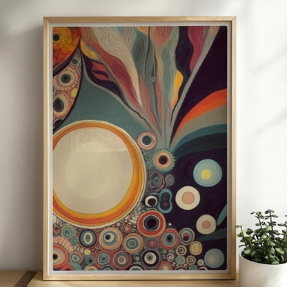 Abstrakte Kunst mit Kreisen, konzentrischen Mustern, wellenförmigen Linien und lebendigen Farben auf dunklem Hintergrund.. Rahmen natur 50x70