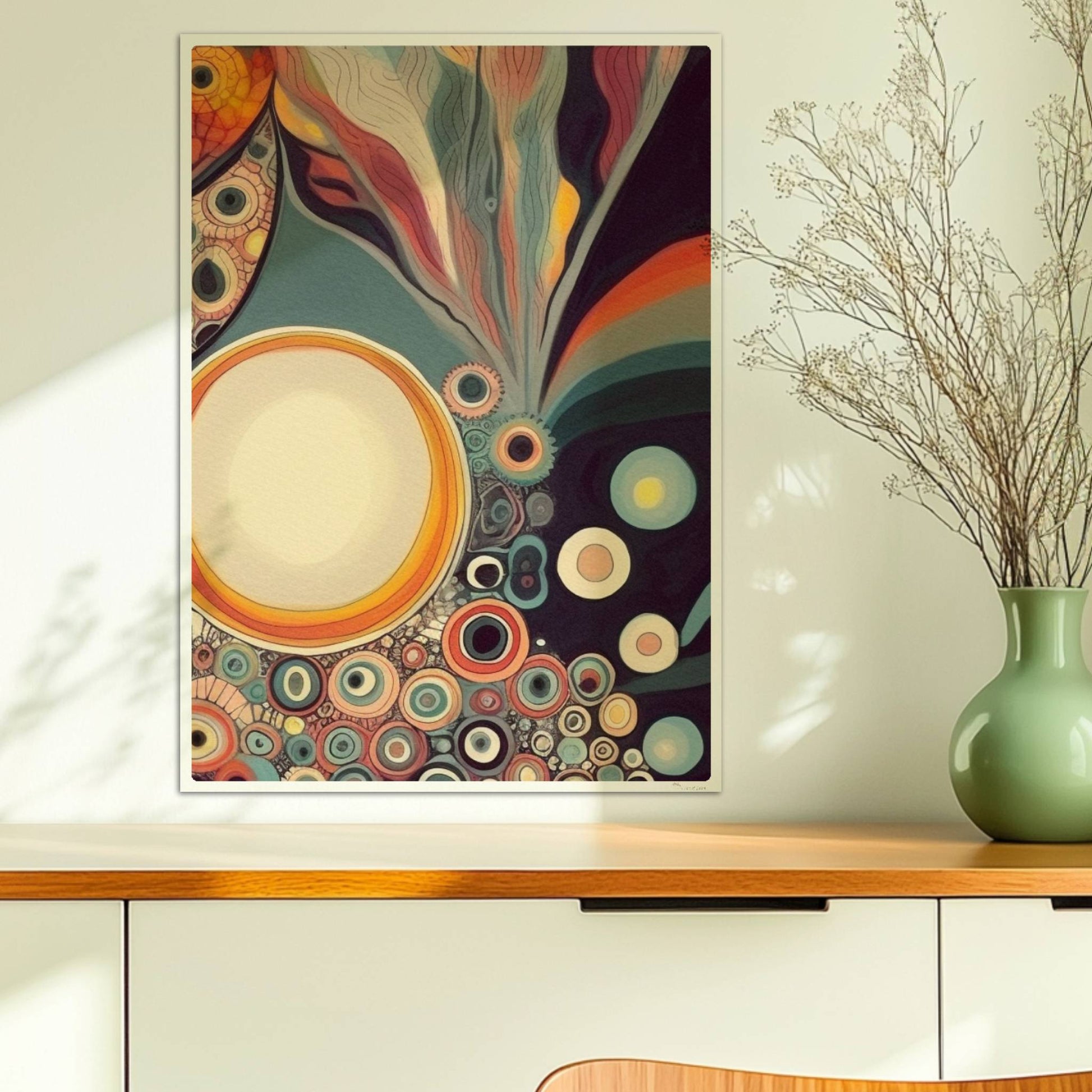 Abstrakte Kunst mit Kreisen, konzentrischen Mustern, wellenförmigen Linien und lebendigen Farben auf dunklem Hintergrund.. Ohne Rahmen 50x70