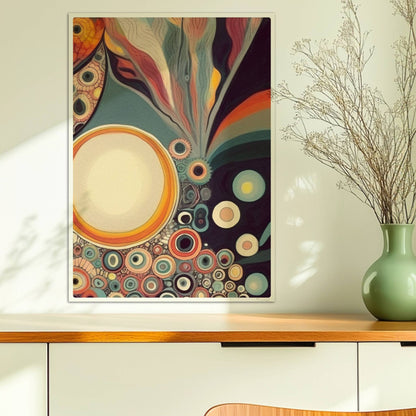 Abstrakte Kunst mit Kreisen, konzentrischen Mustern, wellenförmigen Linien und lebendigen Farben auf dunklem Hintergrund.. Ohne Rahmen 50x70