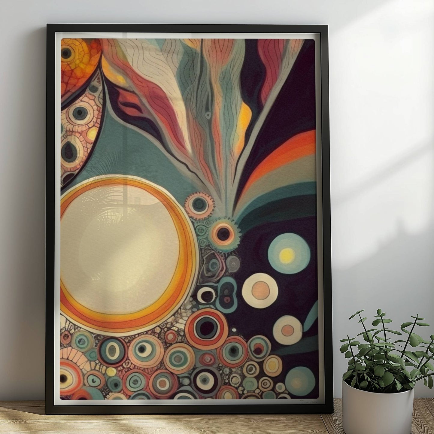 Abstrakte Kunst mit Kreisen, konzentrischen Mustern, wellenförmigen Linien und lebendigen Farben auf dunklem Hintergrund.. Rahmen schwarz 50x70