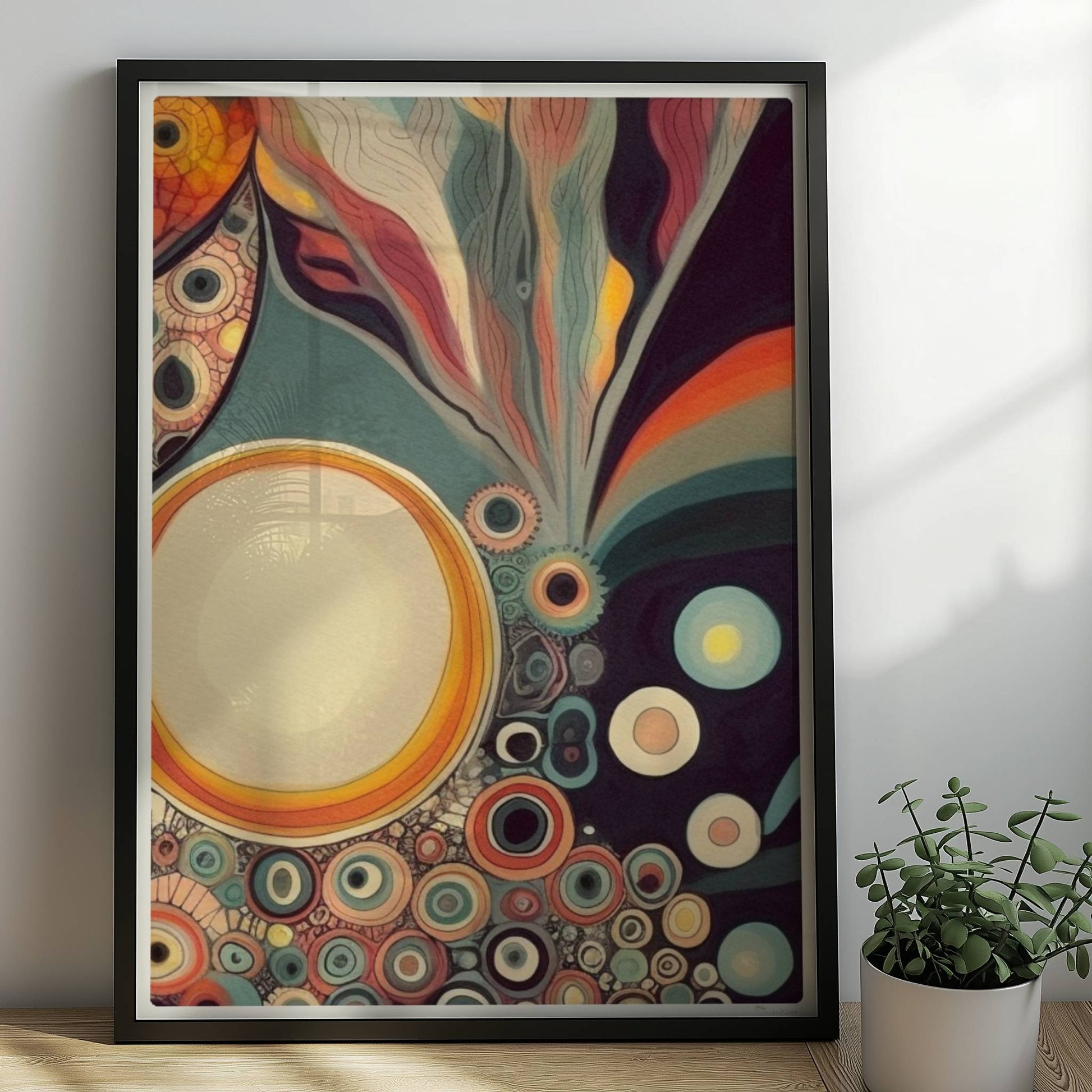 Abstrakte Kunst mit Kreisen, konzentrischen Mustern, wellenförmigen Linien und lebendigen Farben auf dunklem Hintergrund.. Rahmen schwarz 50x70