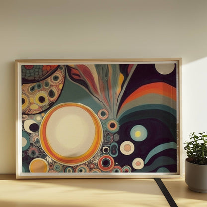 Abstrakte Kunst mit Kreisen, konzentrischen Mustern, wellenförmigen Linien und lebendigen Farben auf dunklem Hintergrund.. Rahmen natur 70x50