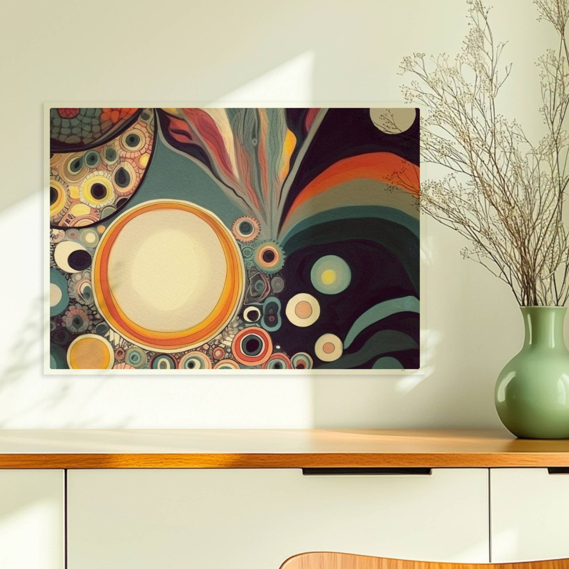 Abstrakte Kunst mit Kreisen, konzentrischen Mustern, wellenförmigen Linien und lebendigen Farben auf dunklem Hintergrund.. Ohne Rahmen 70x50