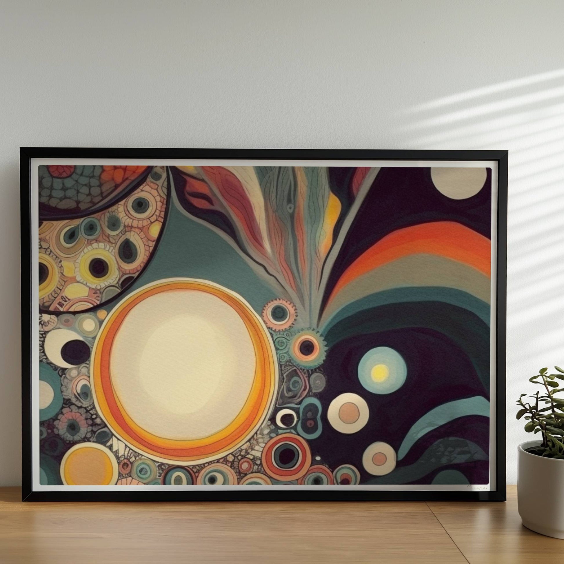 Abstrakte Kunst mit Kreisen, konzentrischen Mustern, wellenförmigen Linien und lebendigen Farben auf dunklem Hintergrund.. Rahmen schwarz 70x50