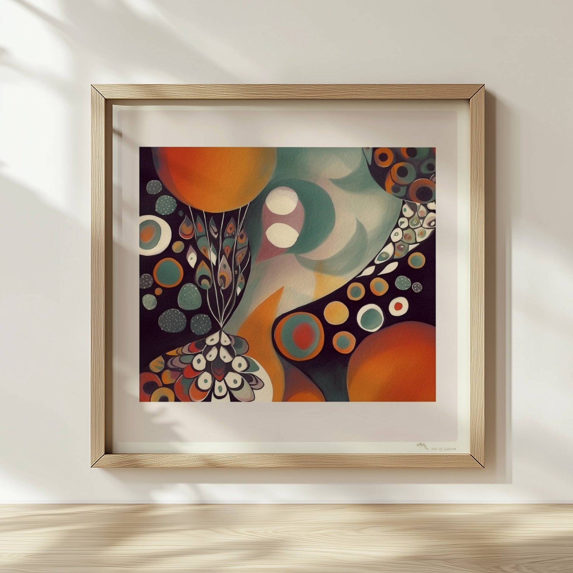 Abstrakte Darstellung eines großen Kreises mit Sonnenuntergangsfarben und vielen kleineren Kreisen, Blumen und dekorativen Elementen.. Rahmen natur 30x30