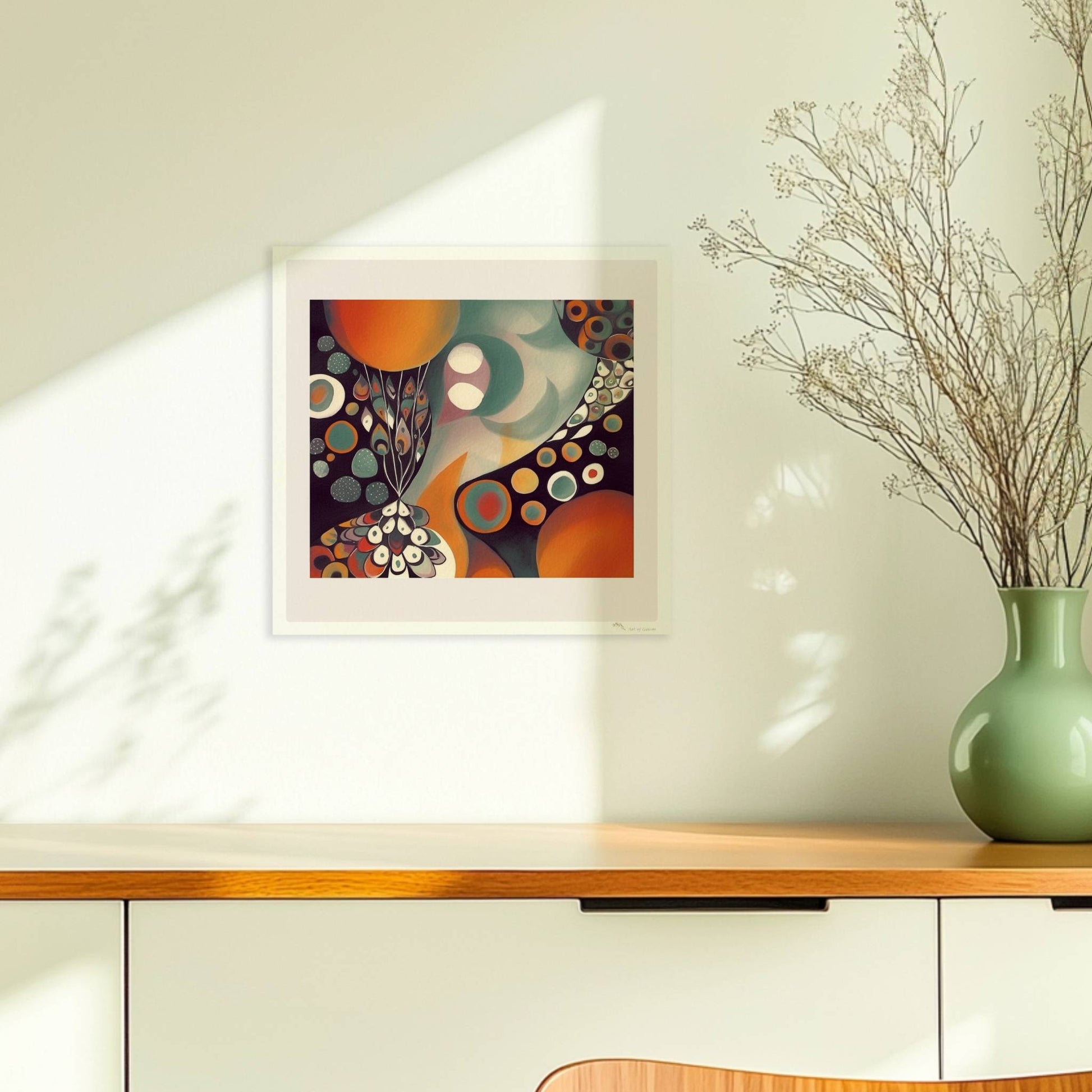 Abstrakte Darstellung eines großen Kreises mit Sonnenuntergangsfarben und vielen kleineren Kreisen, Blumen und dekorativen Elementen.. Ohne Rahmen 30x30