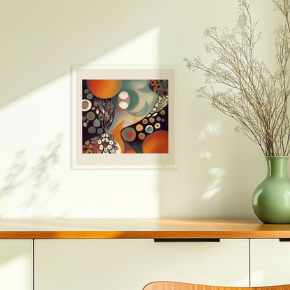 Abstrakte Darstellung eines großen Kreises mit Sonnenuntergangsfarben und vielen kleineren Kreisen, Blumen und dekorativen Elementen.. Ohne Rahmen 30x30
