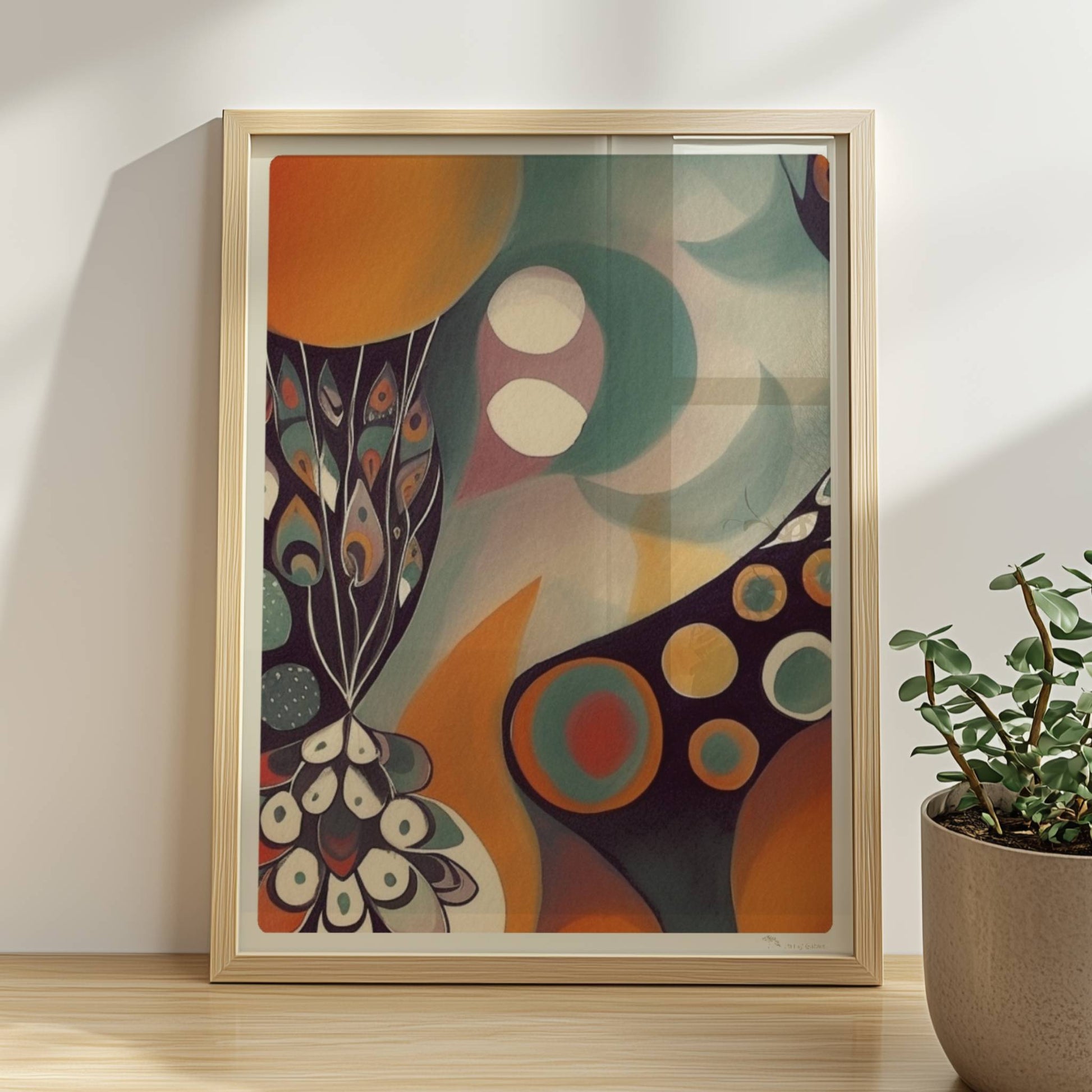 Abstrakte Darstellung eines großen Kreises mit Sonnenuntergangsfarben und vielen kleineren Kreisen, Blumen und dekorativen Elementen.. Rahmen natur 30x40