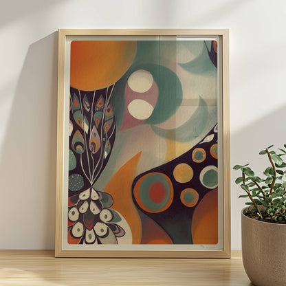 Abstrakte Darstellung eines großen Kreises mit Sonnenuntergangsfarben und vielen kleineren Kreisen, Blumen und dekorativen Elementen.. Rahmen natur 30x40