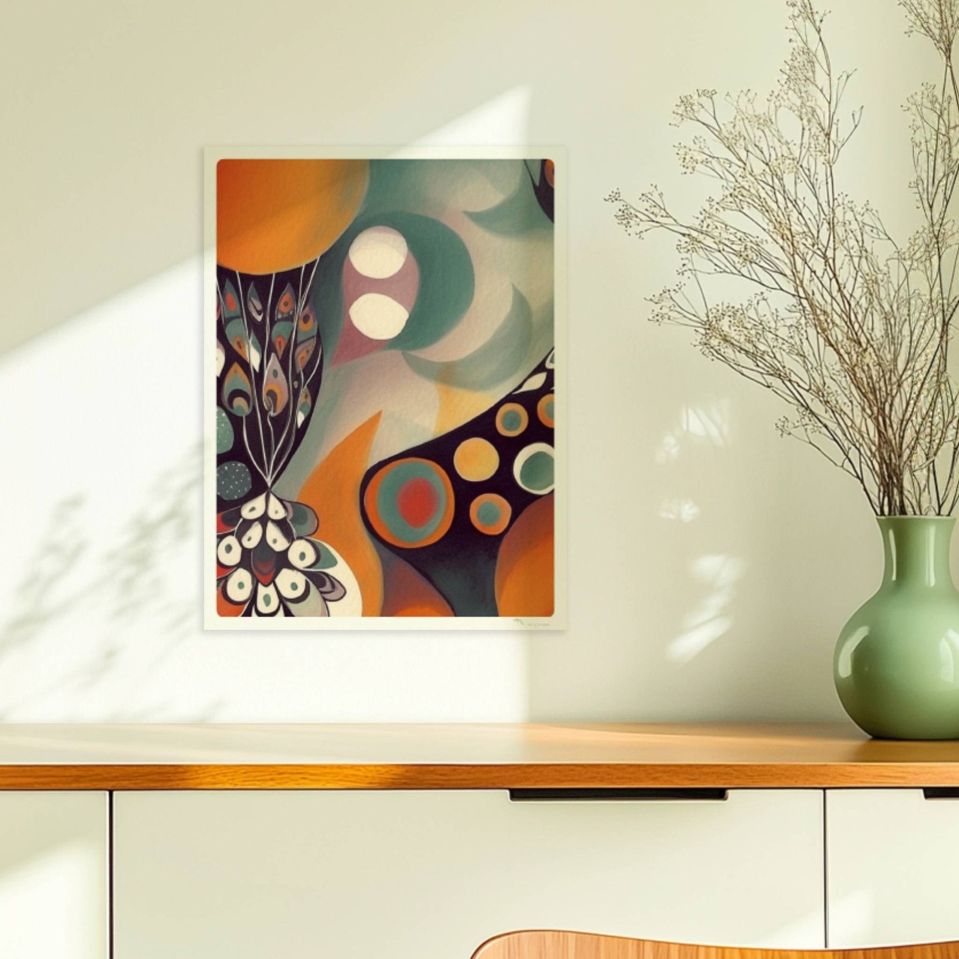 Abstrakte Darstellung eines großen Kreises mit Sonnenuntergangsfarben und vielen kleineren Kreisen, Blumen und dekorativen Elementen.. Ohne Rahmen 30x40