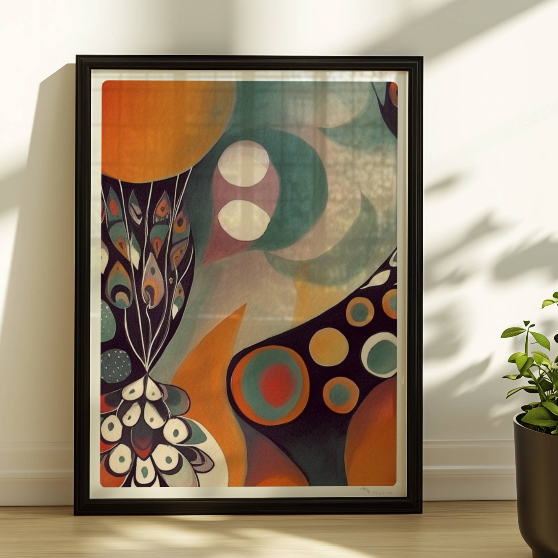 Abstrakte Darstellung eines großen Kreises mit Sonnenuntergangsfarben und vielen kleineren Kreisen, Blumen und dekorativen Elementen.. Rahmen schwarz 30x40
