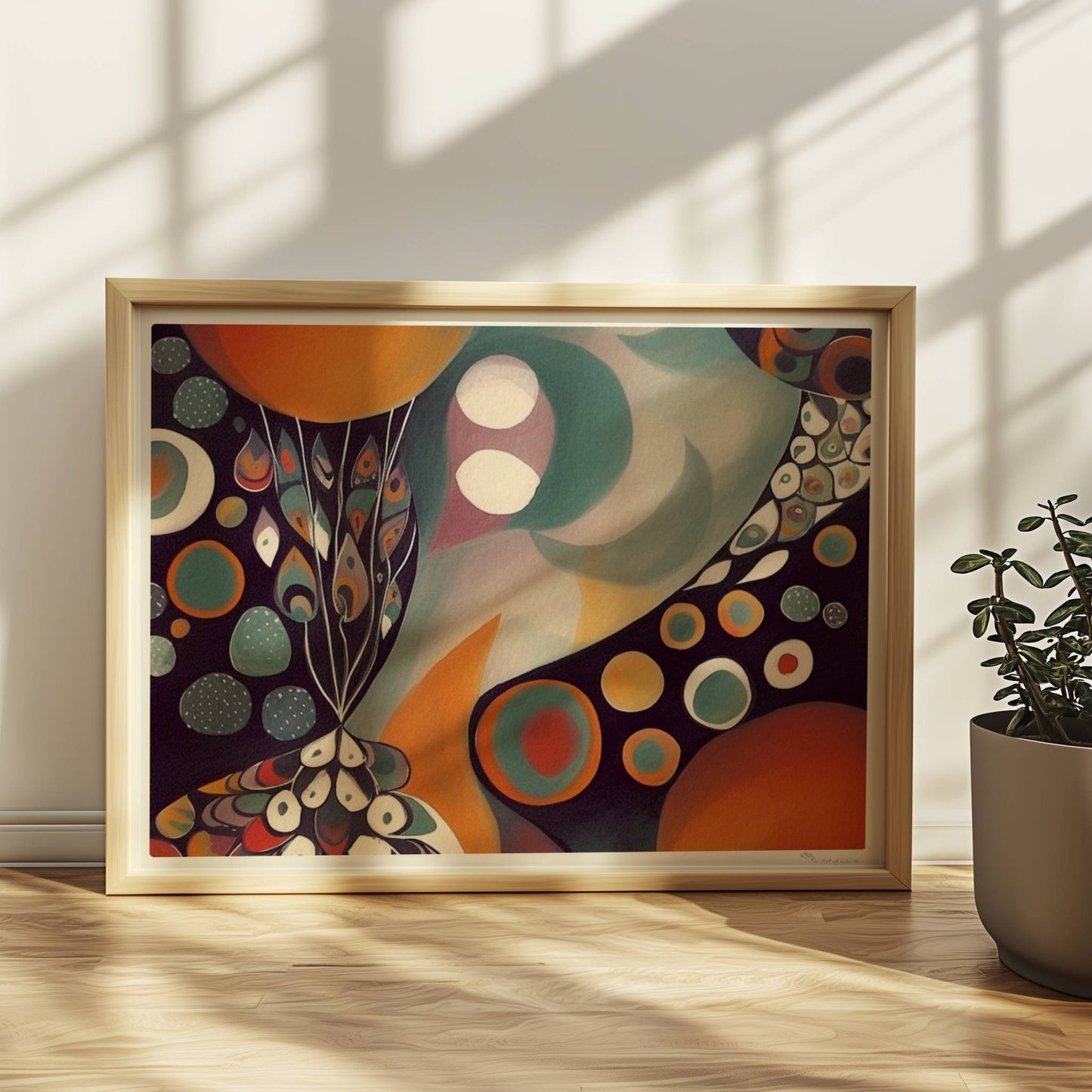 Abstrakte Darstellung eines großen Kreises mit Sonnenuntergangsfarben und vielen kleineren Kreisen, Blumen und dekorativen Elementen.. Rahmen natur 40x30