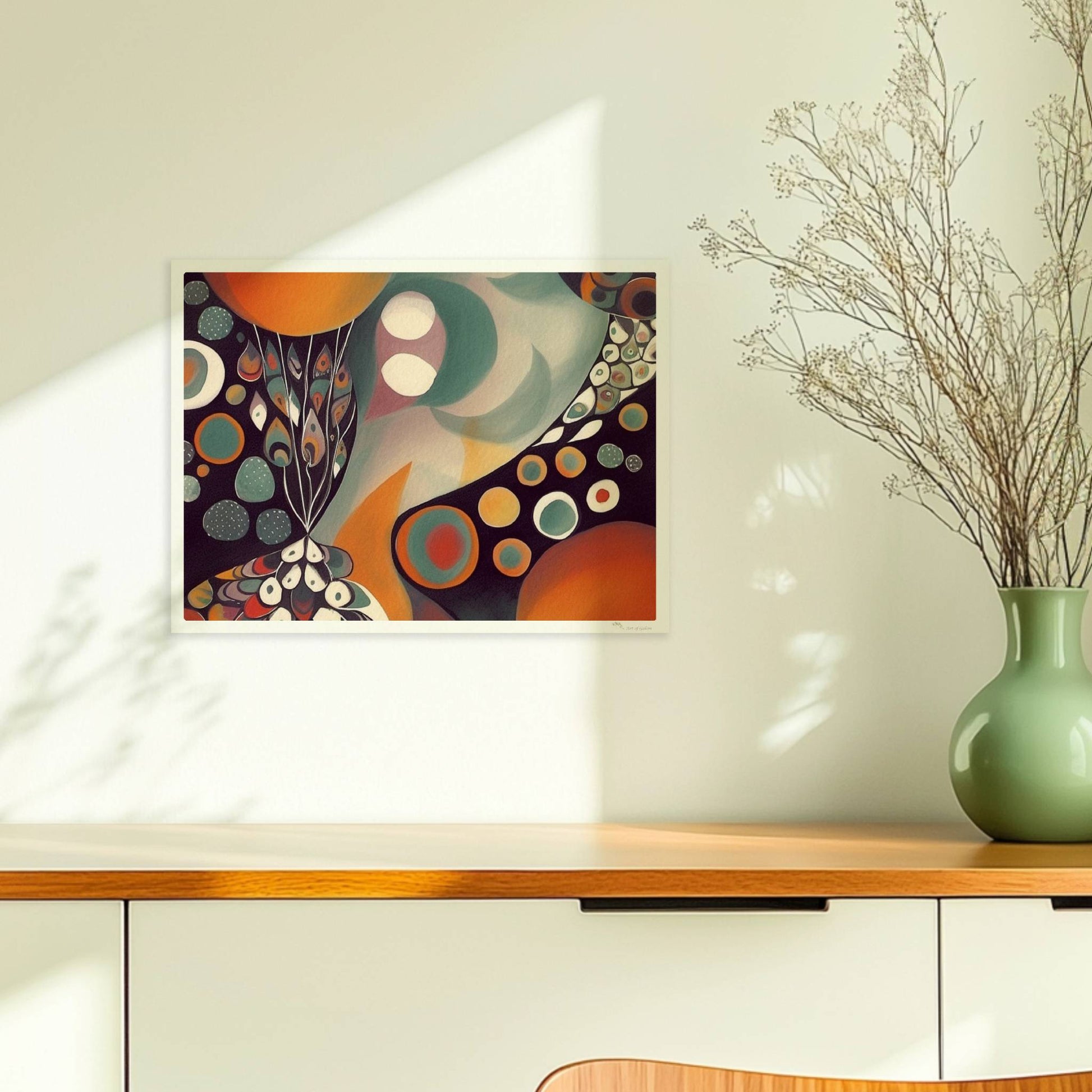 Abstrakte Darstellung eines großen Kreises mit Sonnenuntergangsfarben und vielen kleineren Kreisen, Blumen und dekorativen Elementen.. Ohne Rahmen 40x30