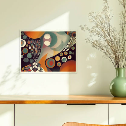 Abstrakte Darstellung eines großen Kreises mit Sonnenuntergangsfarben und vielen kleineren Kreisen, Blumen und dekorativen Elementen.. Ohne Rahmen 40x30
