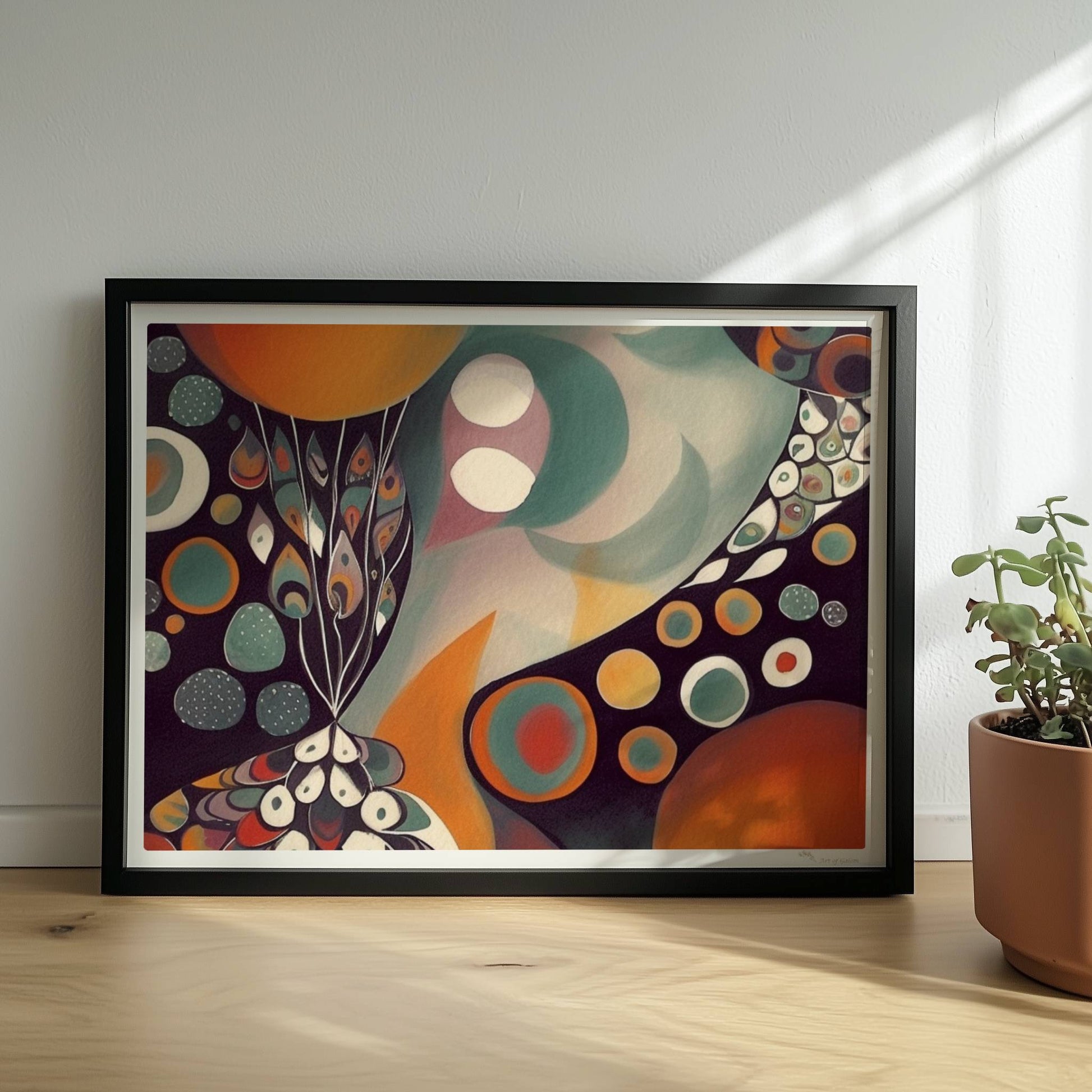 Abstrakte Darstellung eines großen Kreises mit Sonnenuntergangsfarben und vielen kleineren Kreisen, Blumen und dekorativen Elementen.. Rahmen schwarz 40x30