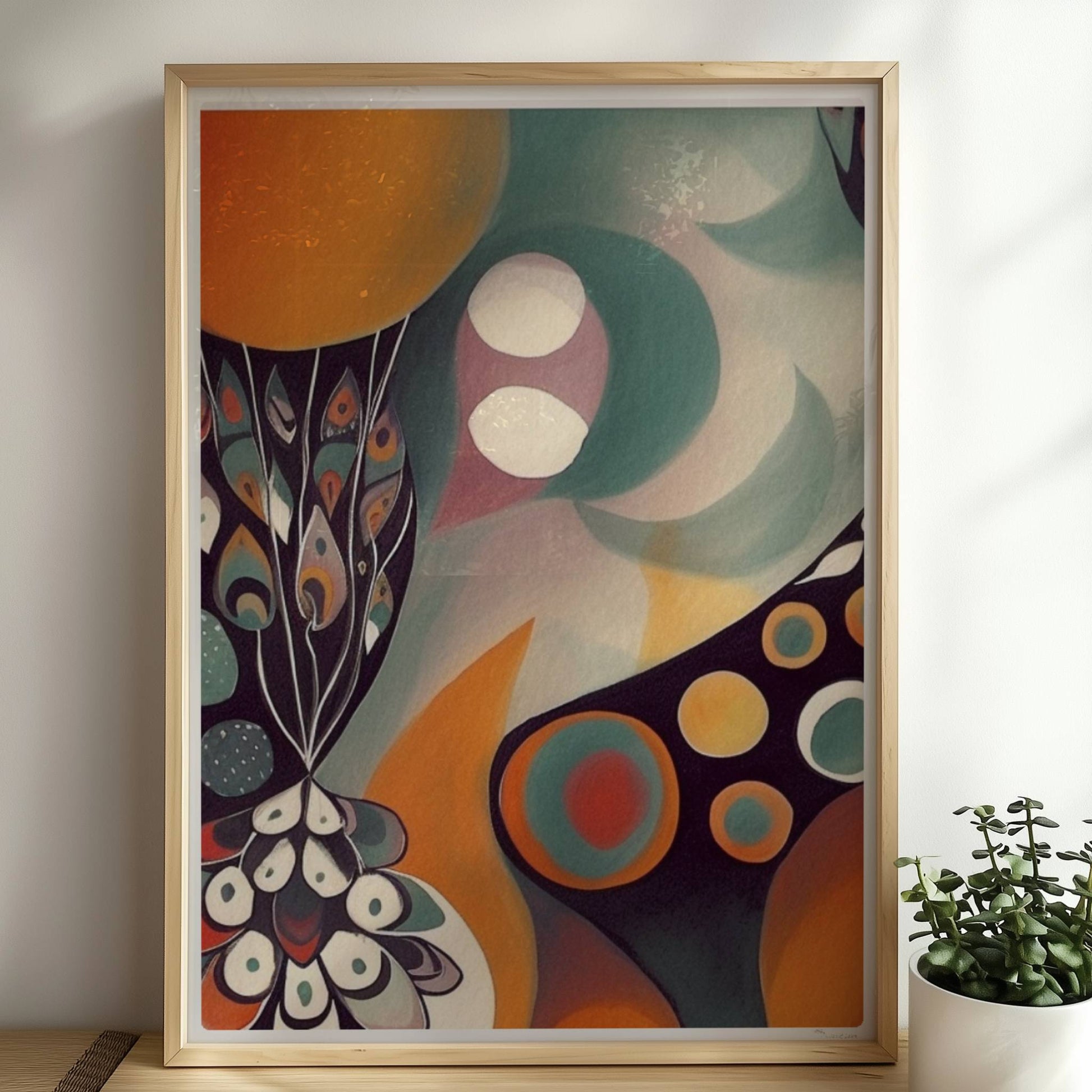 Abstrakte Darstellung eines großen Kreises mit Sonnenuntergangsfarben und vielen kleineren Kreisen, Blumen und dekorativen Elementen.. Rahmen natur 50x70