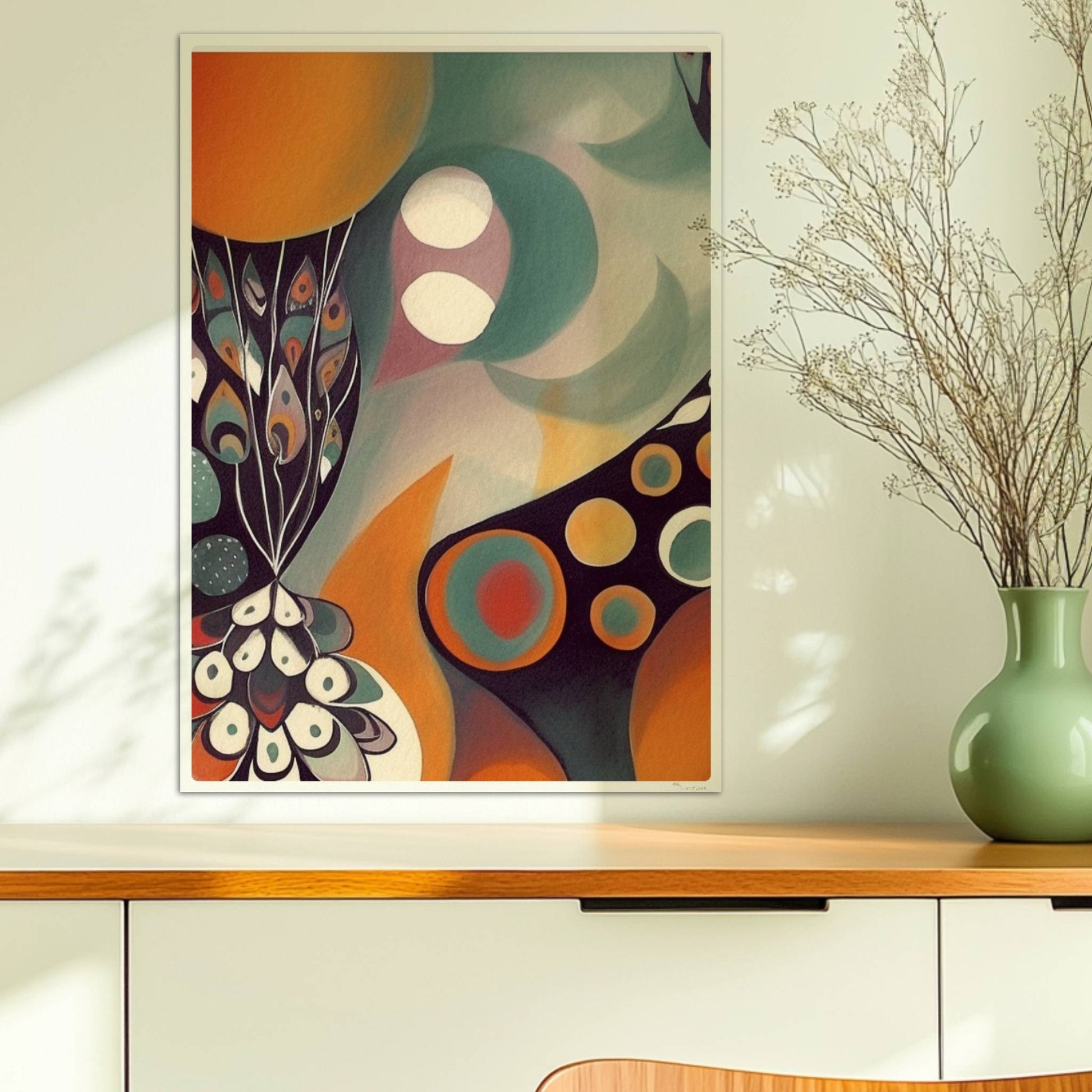 Abstrakte Darstellung eines großen Kreises mit Sonnenuntergangsfarben und vielen kleineren Kreisen, Blumen und dekorativen Elementen.. Ohne Rahmen 50x70