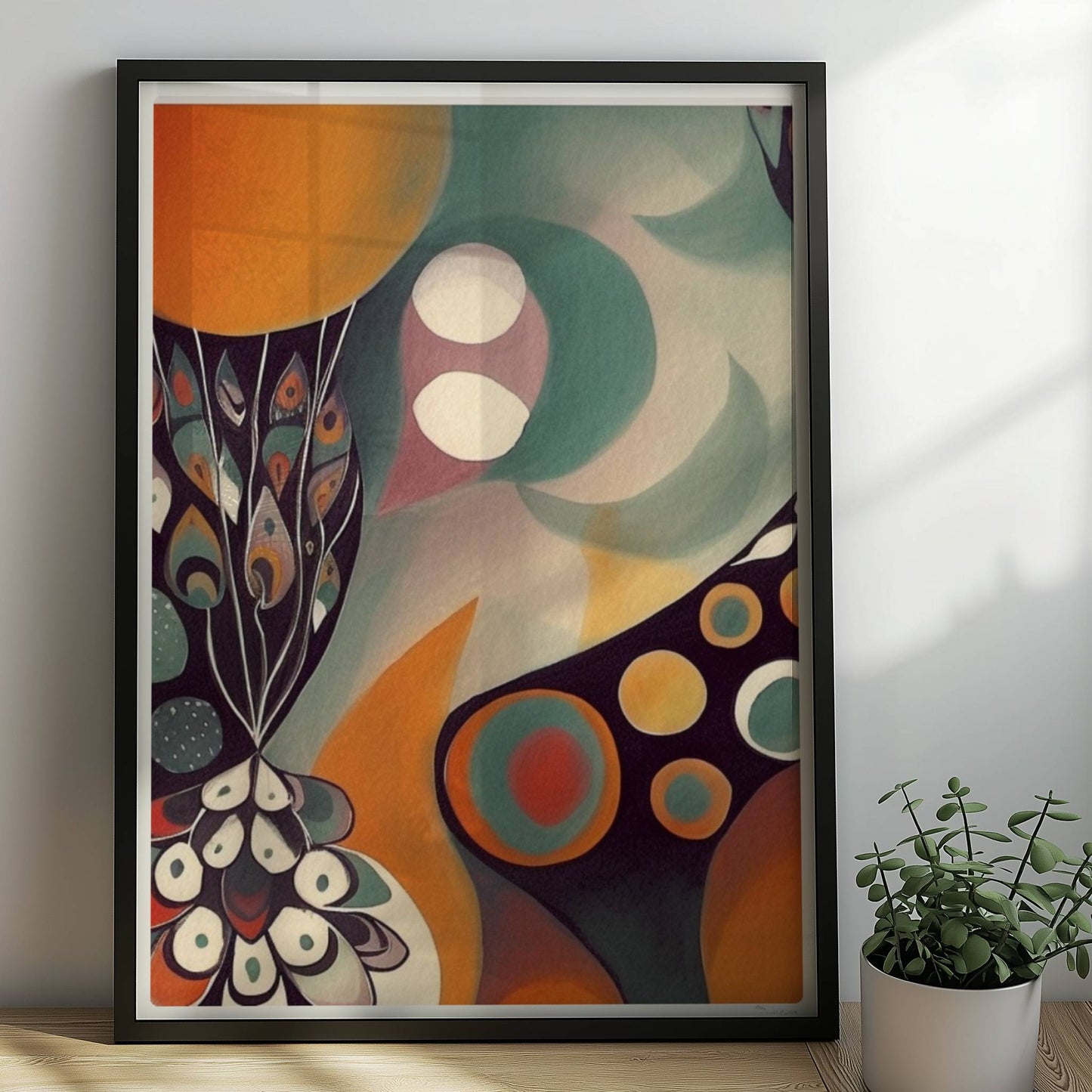 Abstrakte Darstellung eines großen Kreises mit Sonnenuntergangsfarben und vielen kleineren Kreisen, Blumen und dekorativen Elementen.. Rahmen schwarz 50x70