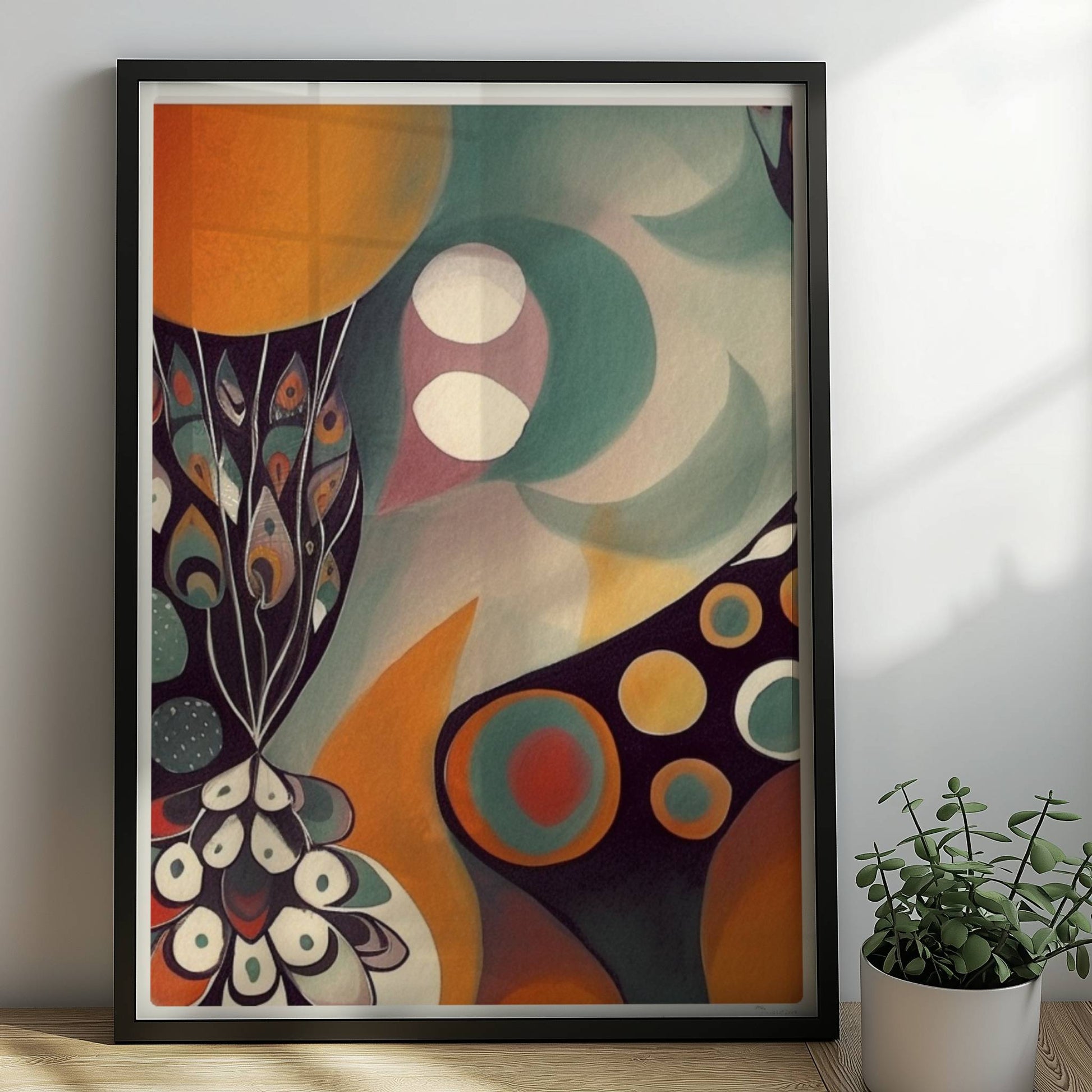 Abstrakte Darstellung eines großen Kreises mit Sonnenuntergangsfarben und vielen kleineren Kreisen, Blumen und dekorativen Elementen.. Rahmen schwarz 50x70