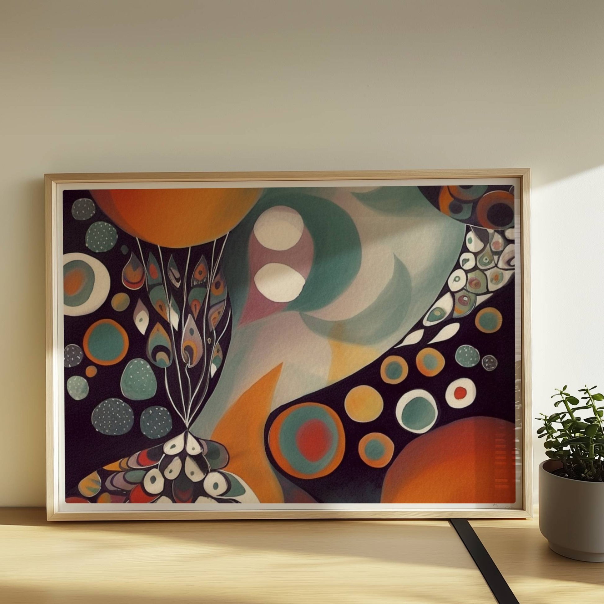 Abstrakte Darstellung eines großen Kreises mit Sonnenuntergangsfarben und vielen kleineren Kreisen, Blumen und dekorativen Elementen.. Rahmen natur 70x50