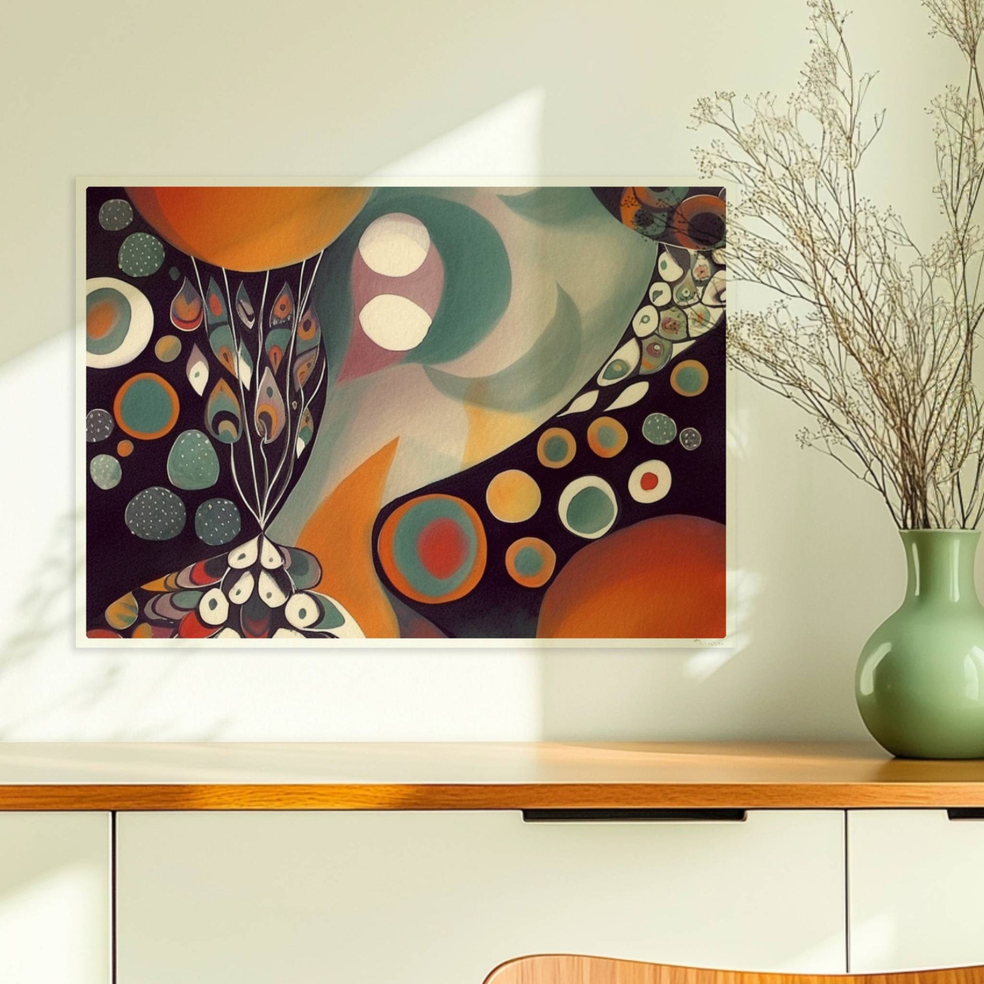 Abstrakte Darstellung eines großen Kreises mit Sonnenuntergangsfarben und vielen kleineren Kreisen, Blumen und dekorativen Elementen.. Ohne Rahmen 70x50